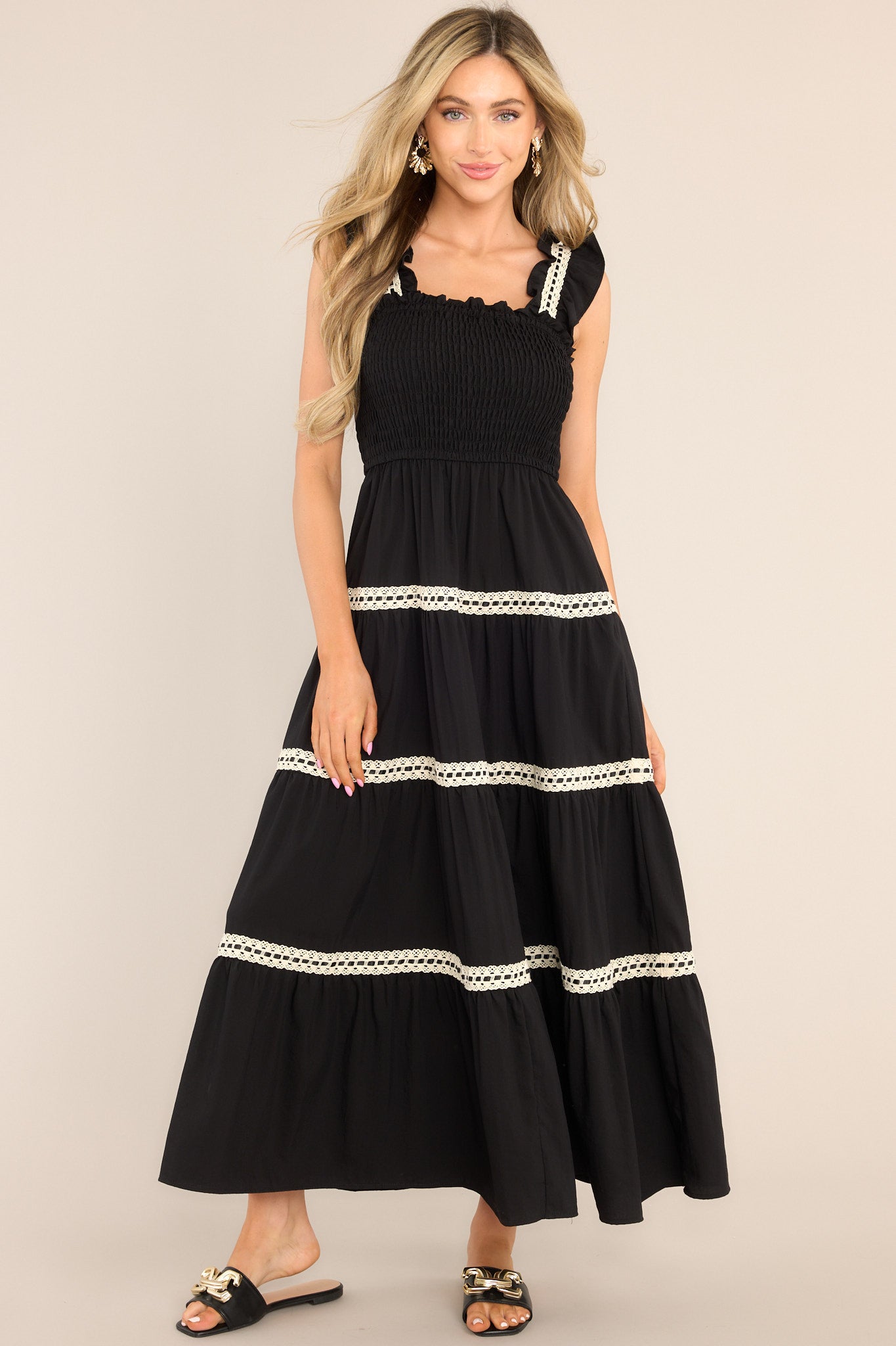 Always Timeless Black Lace Tiered Midi Dress - Red Dress