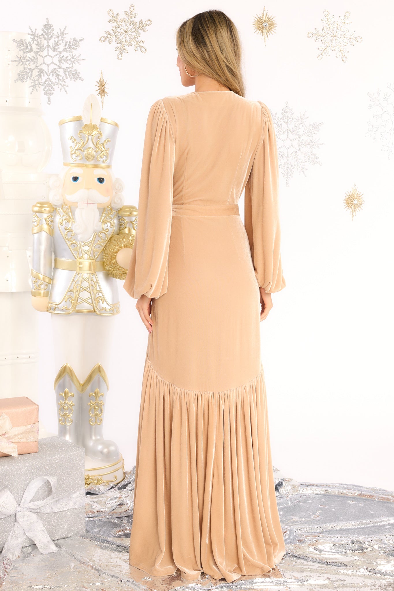 An Absolute Treasure Champagne Velvet Maxi Dress - Red Dress