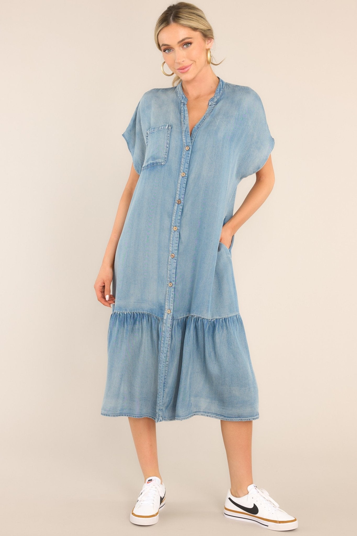 Another Crush Chambray Midi Shirt Dress - Red Dress