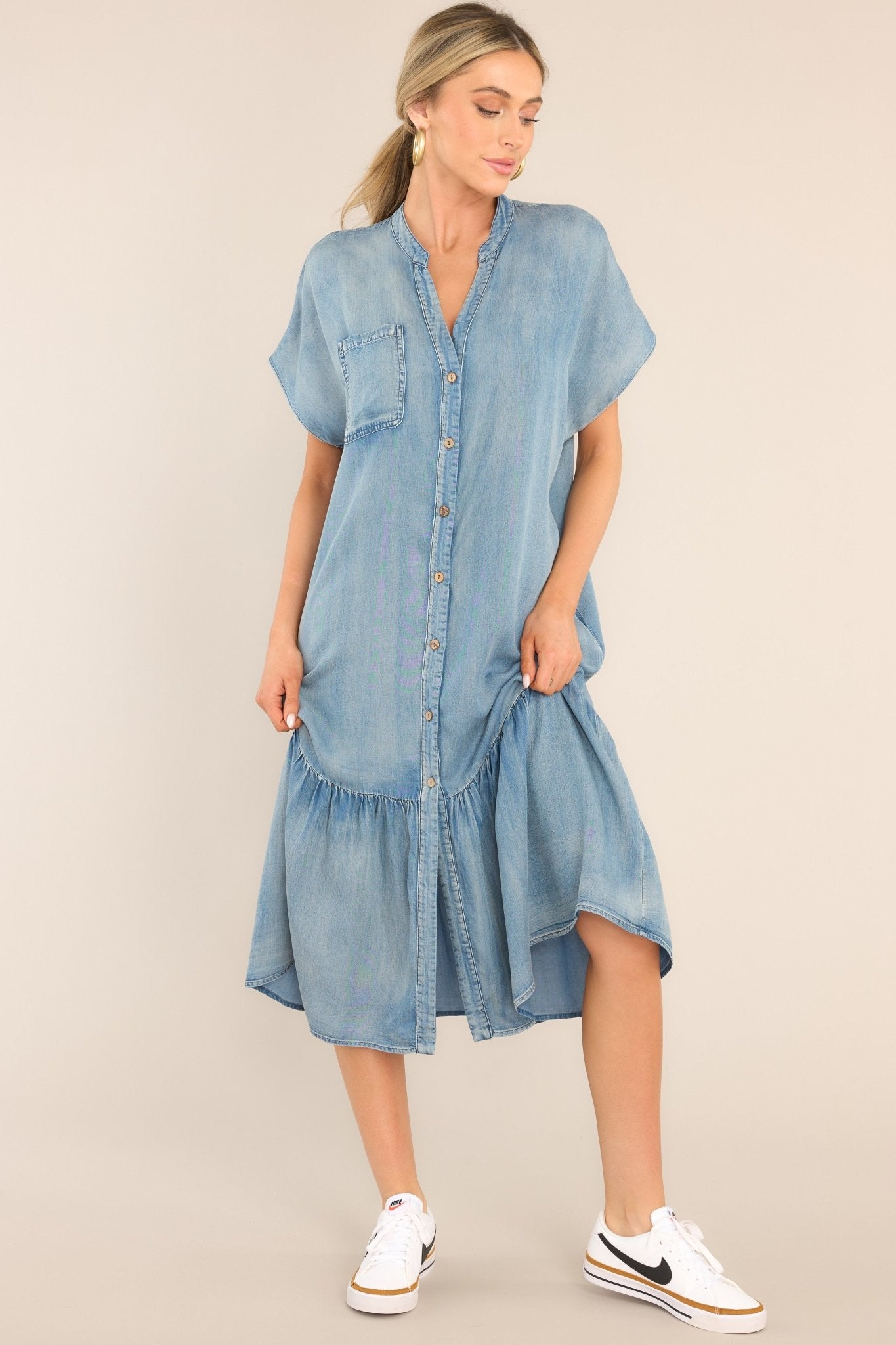 Another Crush Chambray Midi Shirt Dress - Red Dress