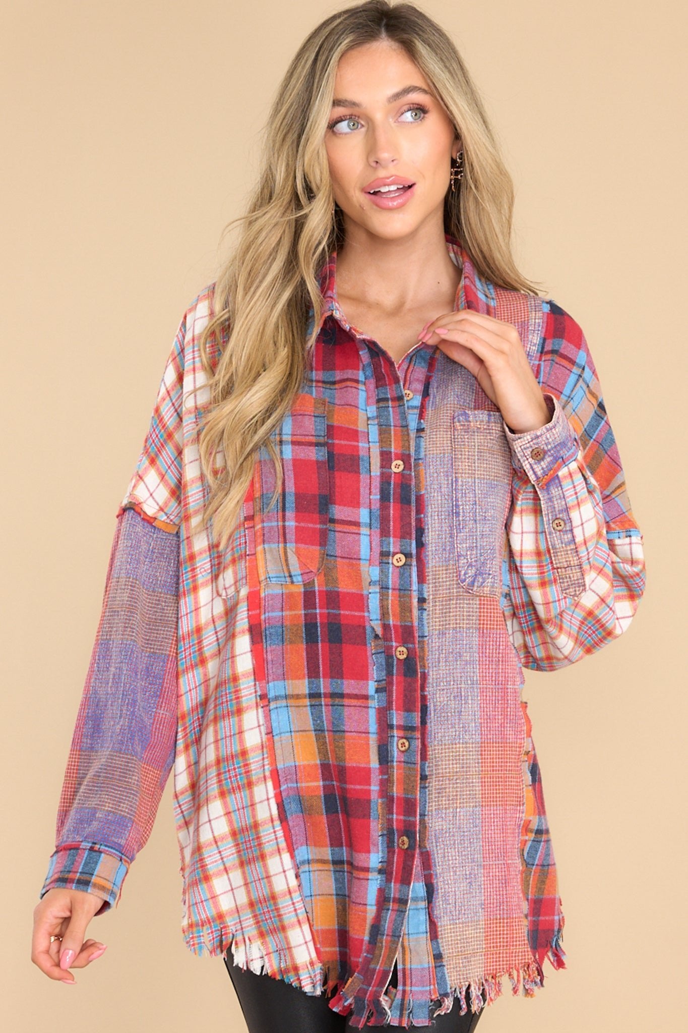 At The Bonfire Red Multi Plaid Top - Red Dress