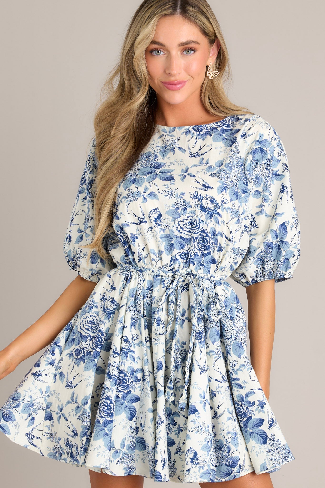 Aurora Amore Ivory & Blue Floral Mini Dress - Red Dress