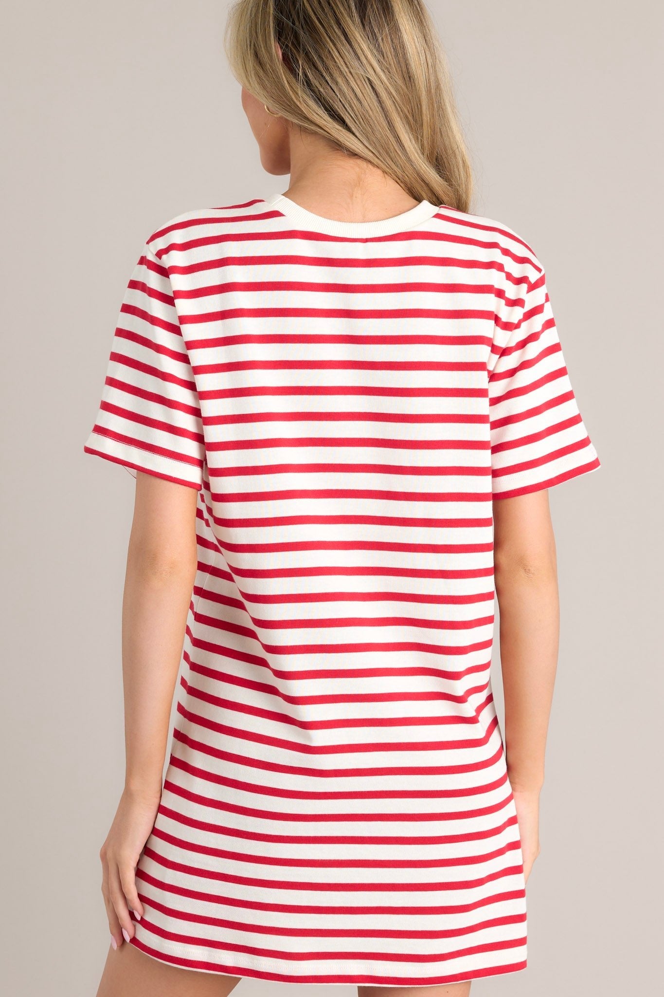 Red retailer stripe shirt dress