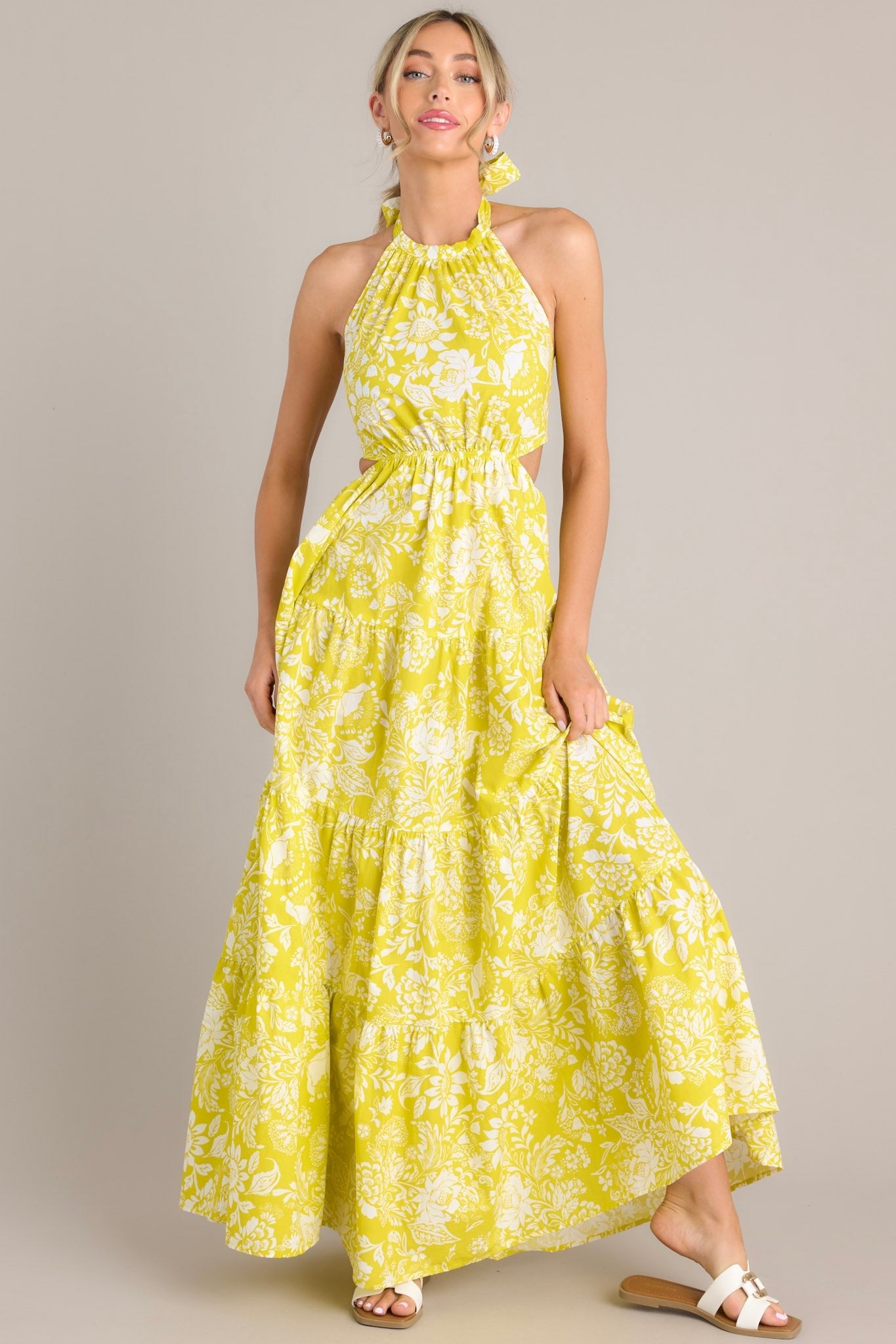 Be Blissfully Happy Yellow Floral Halter Maxi Dress - Red Dress