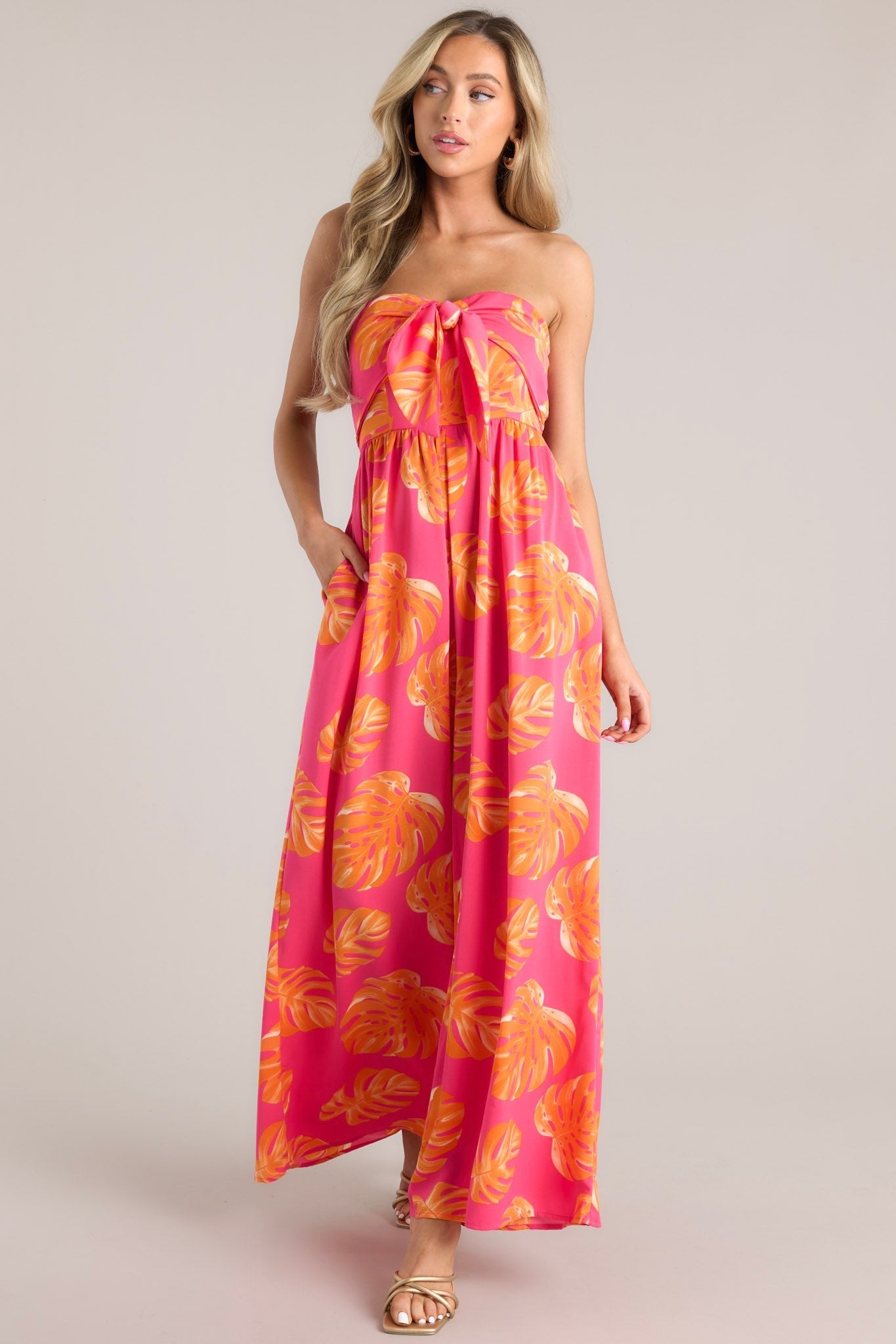 Beach Bliss Hot Pink & Orange Tropical Print Strapless Jumpsuit - Red Dress