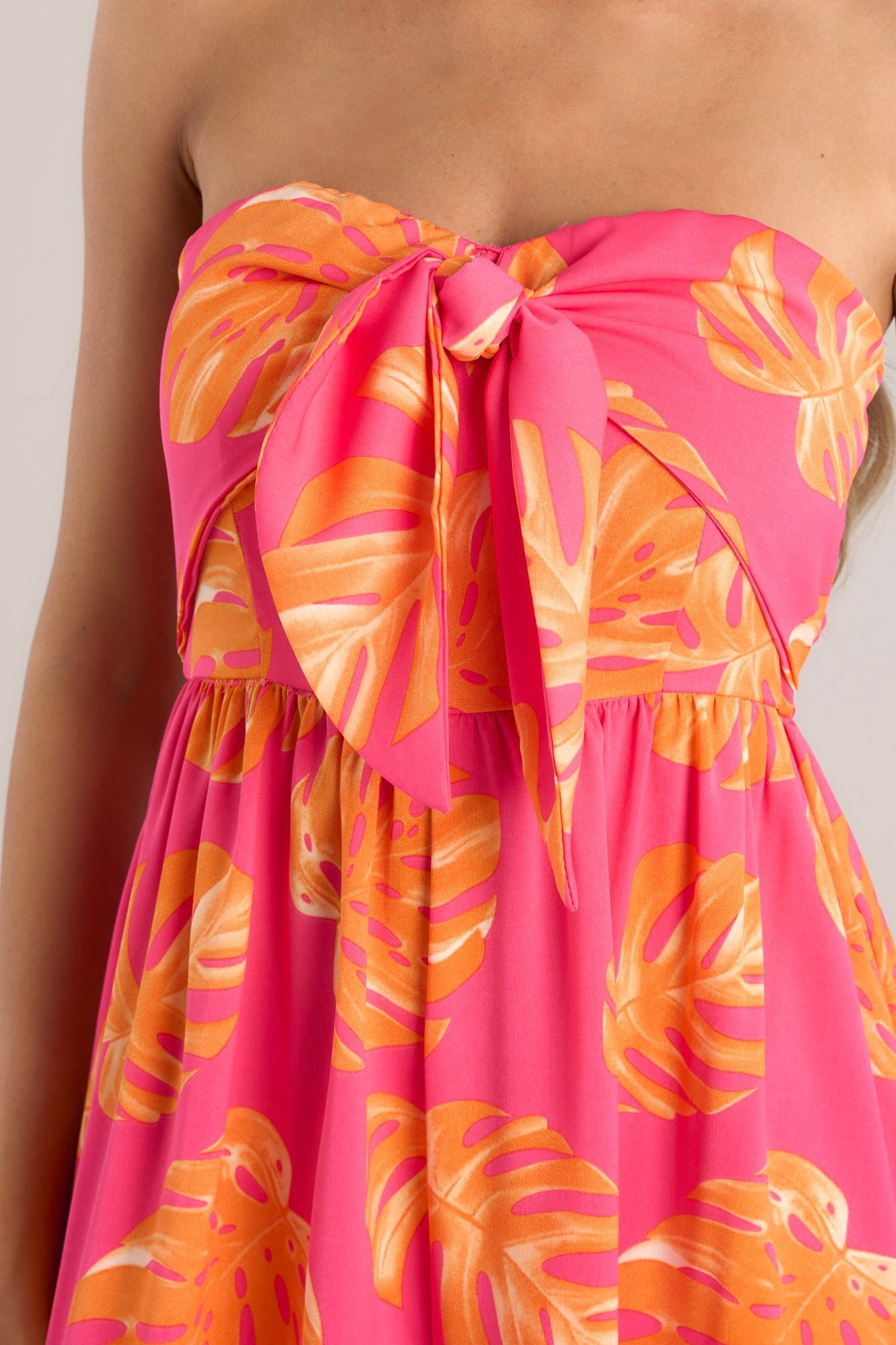 Beach Bliss Hot Pink & Orange Tropical Print Strapless Jumpsuit - Red Dress