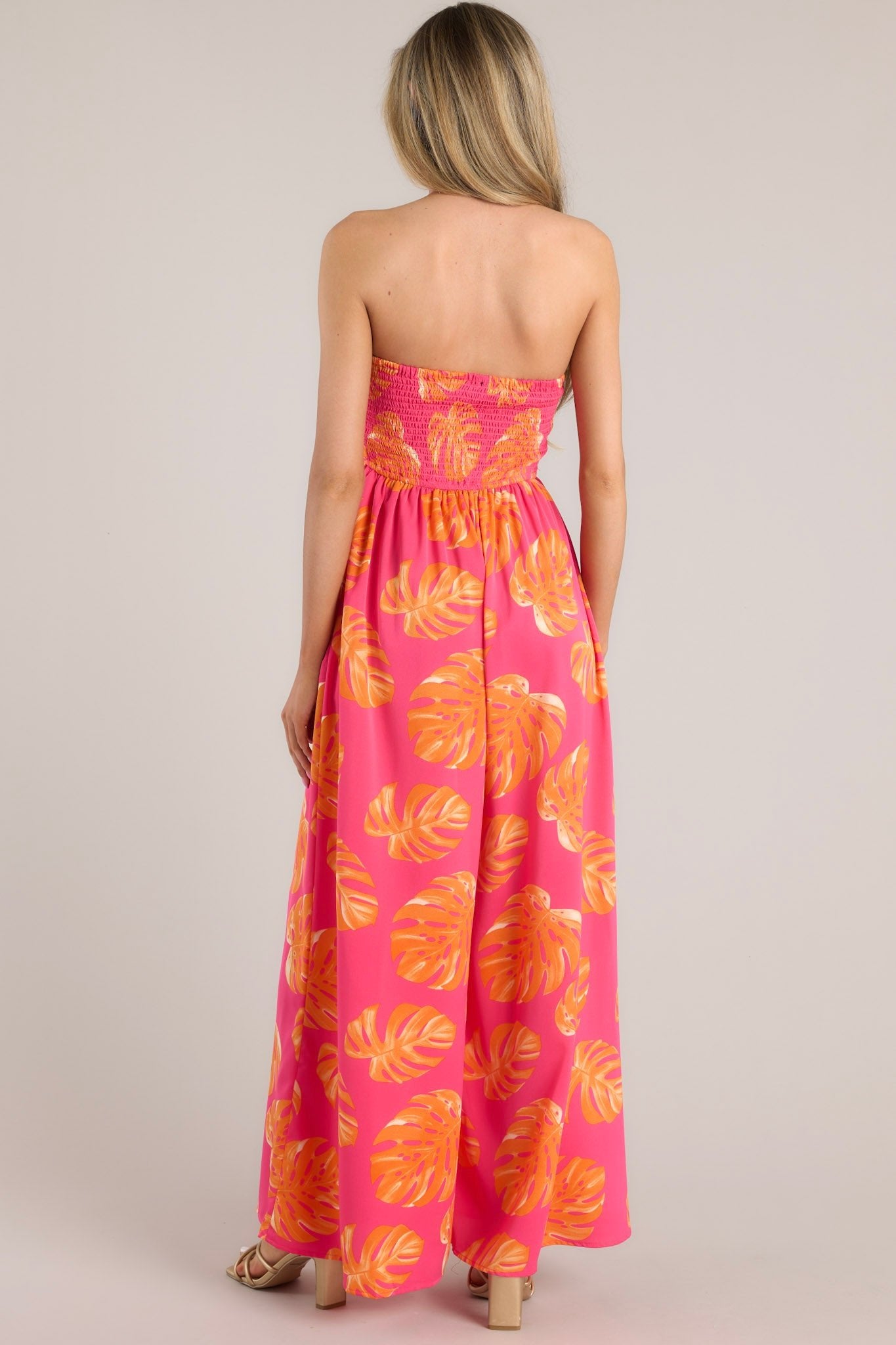 Beach Bliss Hot Pink & Orange Tropical Print Strapless Jumpsuit - Red Dress