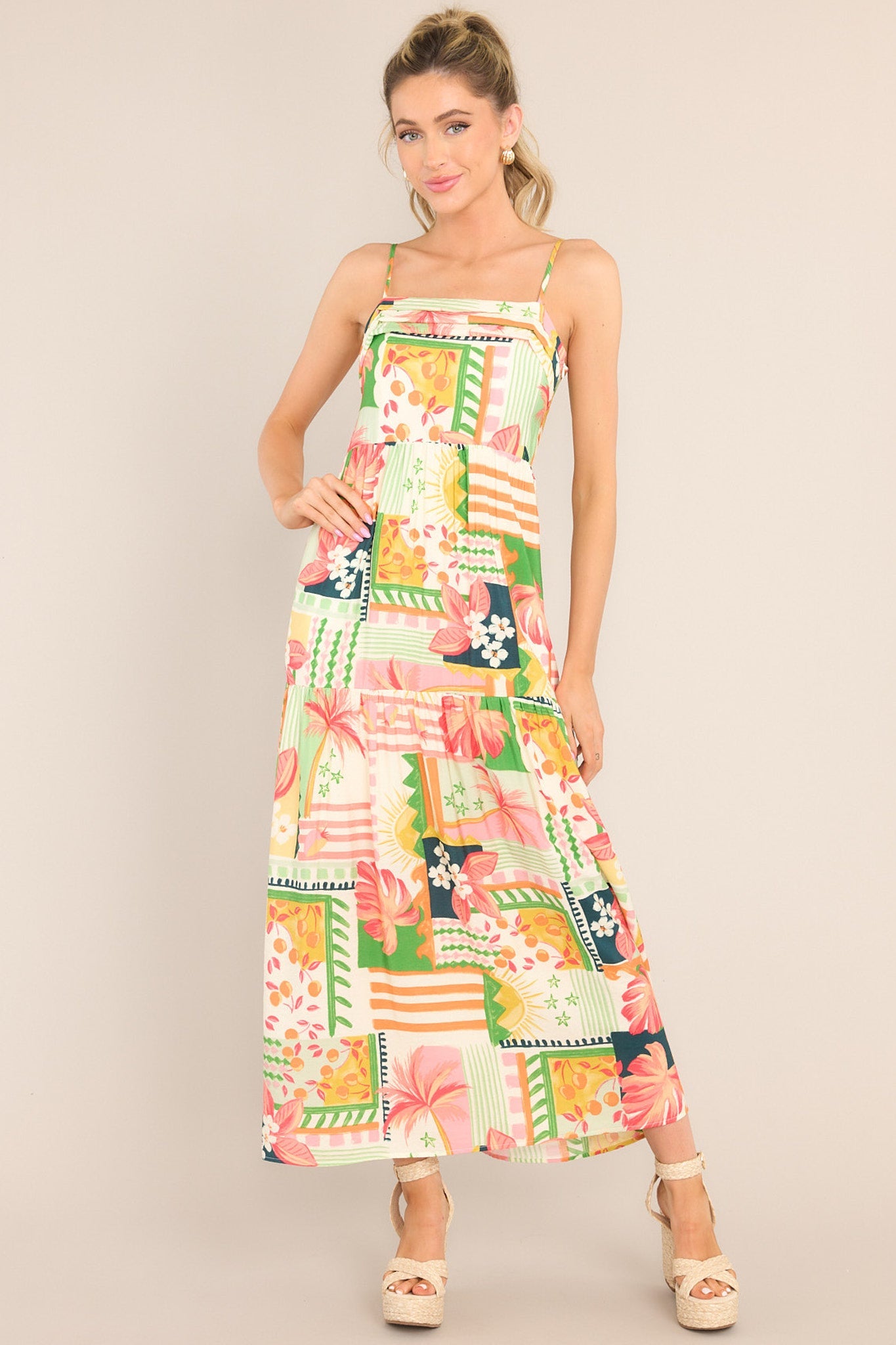 Beach Bonanza Tropical Multi Print Maxi Dress - Red Dress