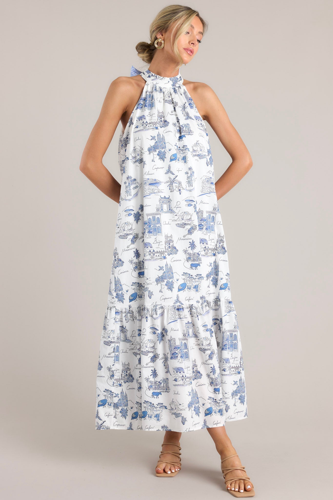 Beachside Party Blue & White Island Print Maxi Dress - Red Dress