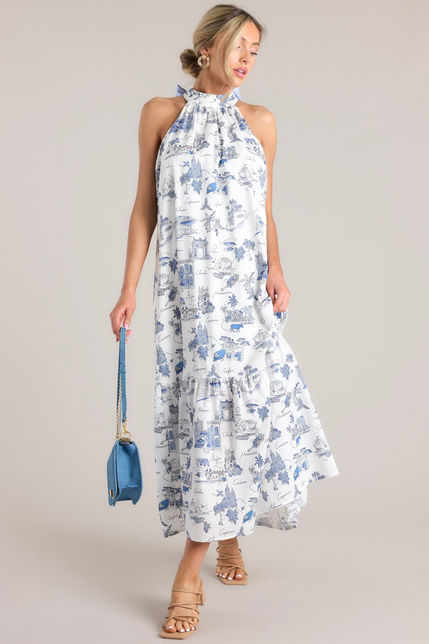 Beachside Party Blue & White Island Print Maxi Dress - Red Dress