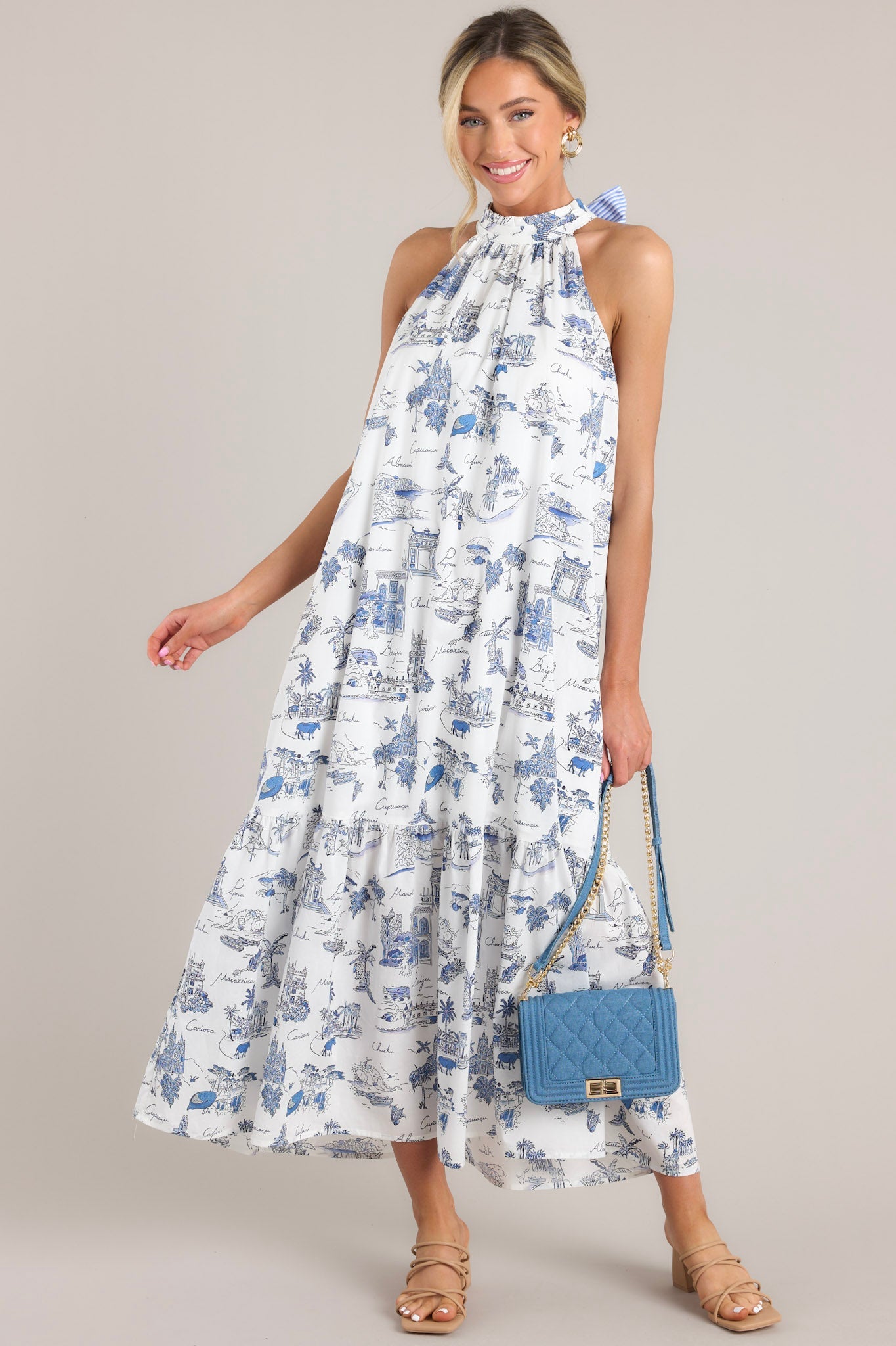 Beachside Party Blue & White Island Print Maxi Dress - Red Dress