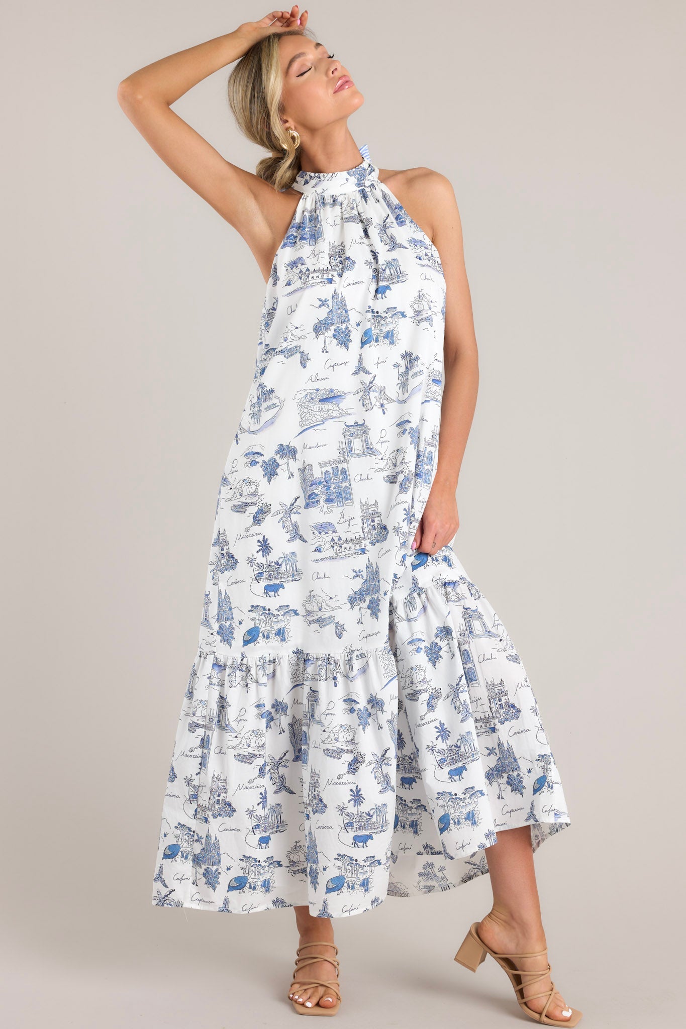 Beachside Party Blue & White Island Print Maxi Dress - Red Dress