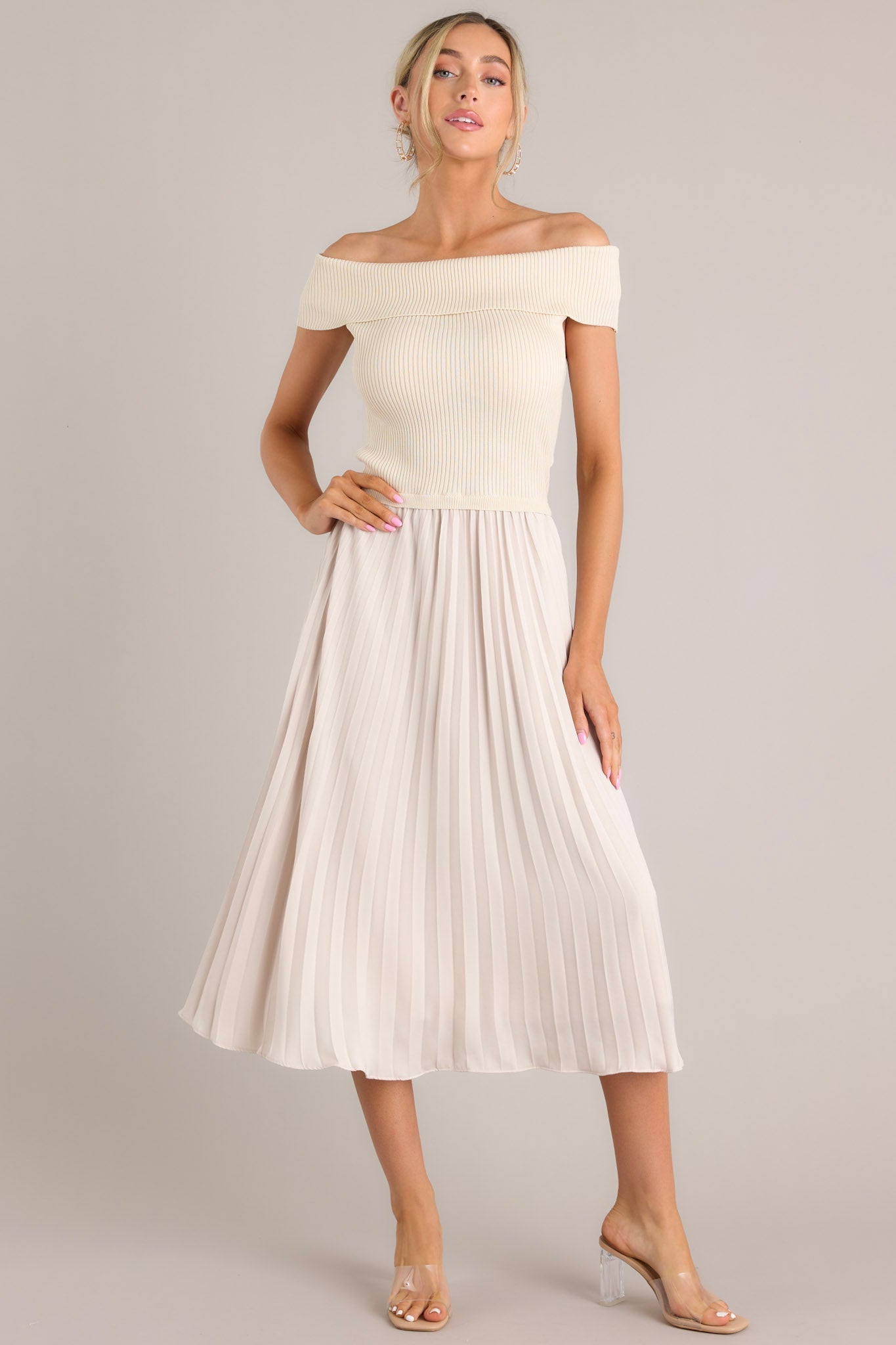 Beautiful Life Beige Pleated Midi Dress - Red Dress