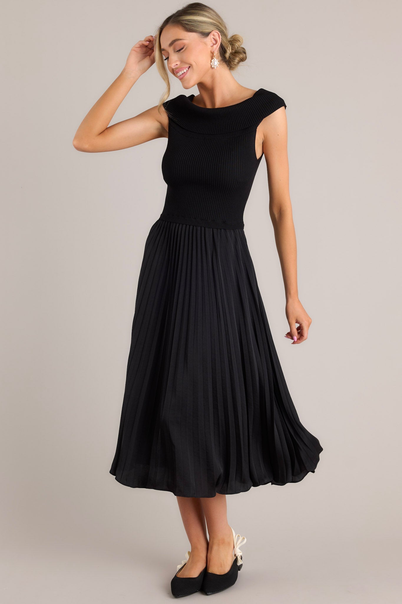 Beautiful Life Black Pleated Midi Dress - Red Dress