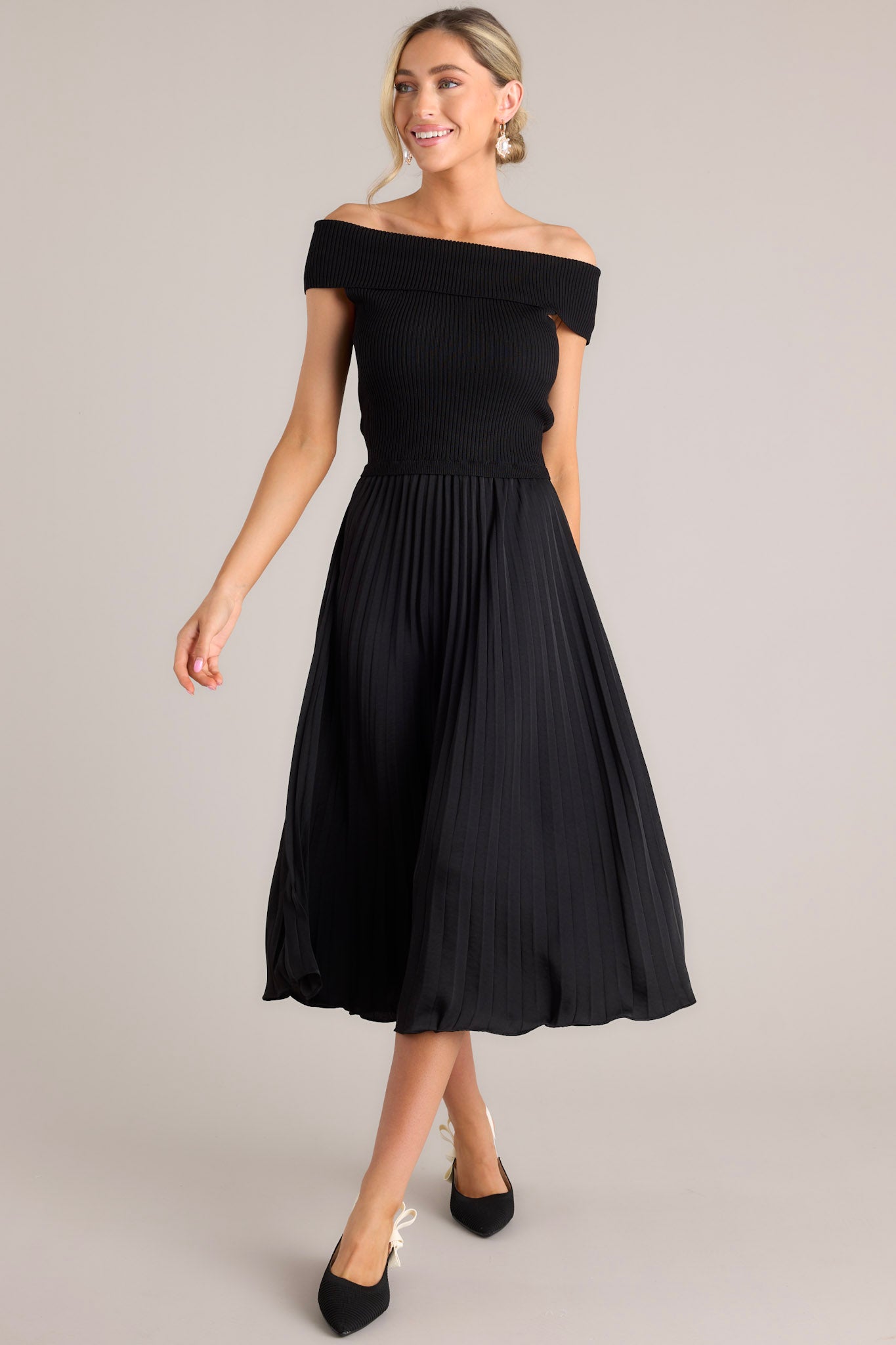 Beautiful Life Black Pleated Midi Dress - Red Dress