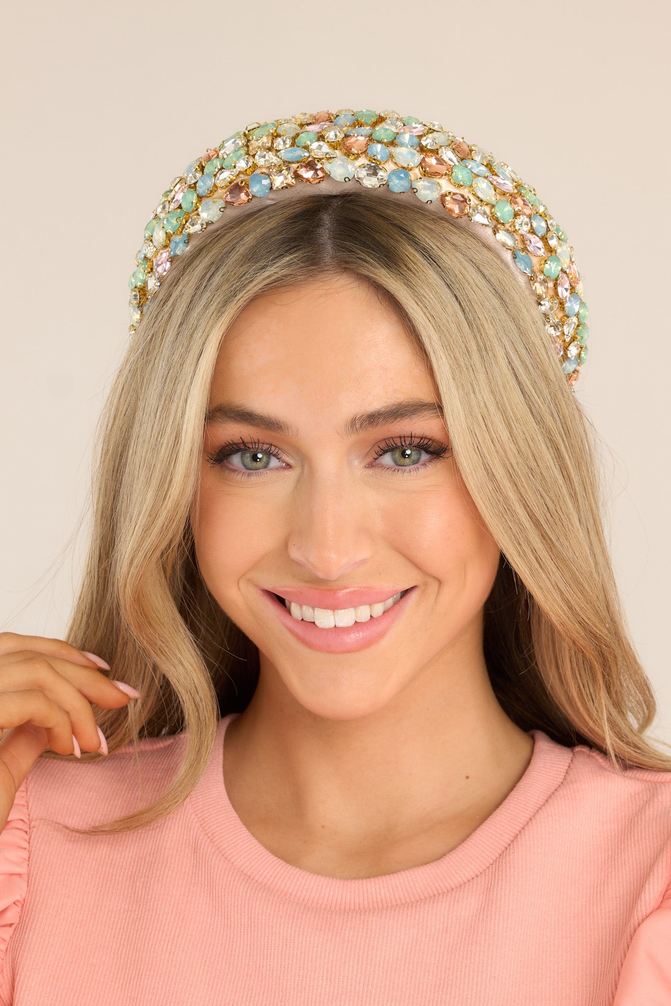 Bedazzled Beauty Light Green Rhinestone Headband - Red Dress