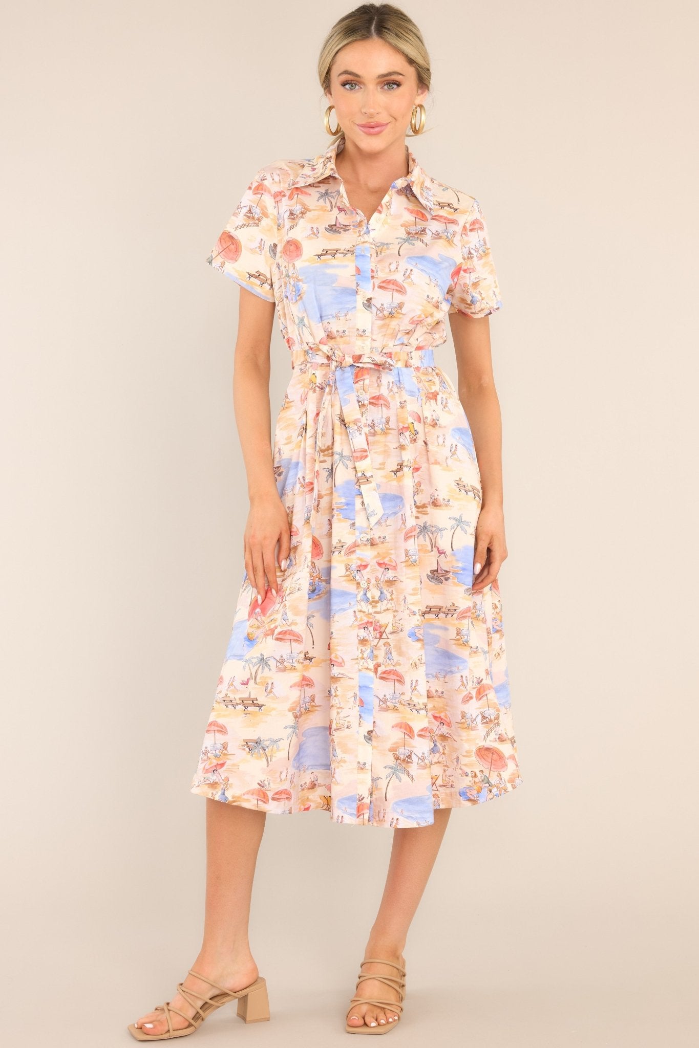 Best In Town Beige Island Print Cotton Midi Dress - Red Dress