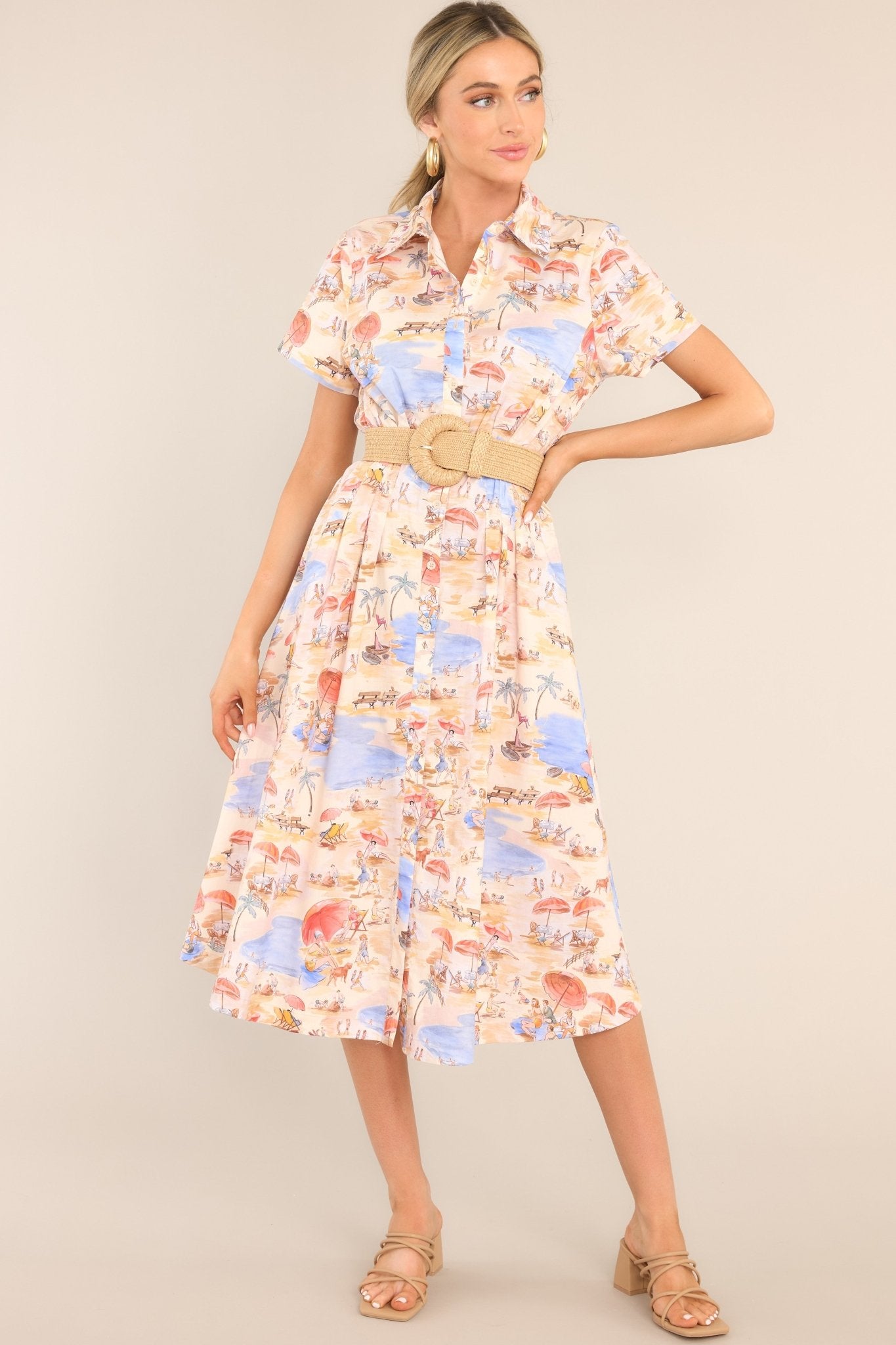 Best In Town Beige Island Print Cotton Midi Dress - Red Dress