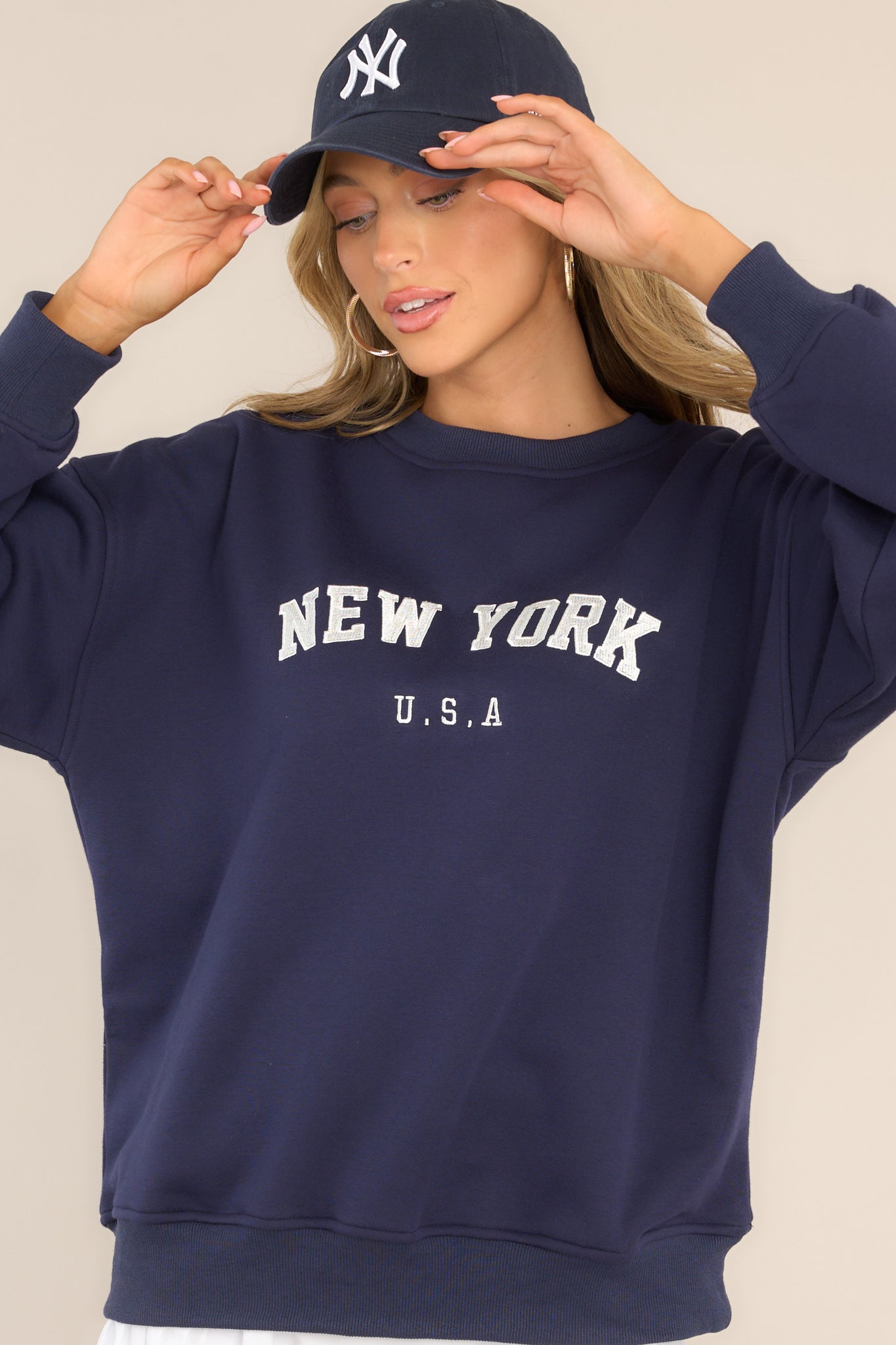 Big City Navy Blue Embroidered Pullover Sweatshirt - Red Dress