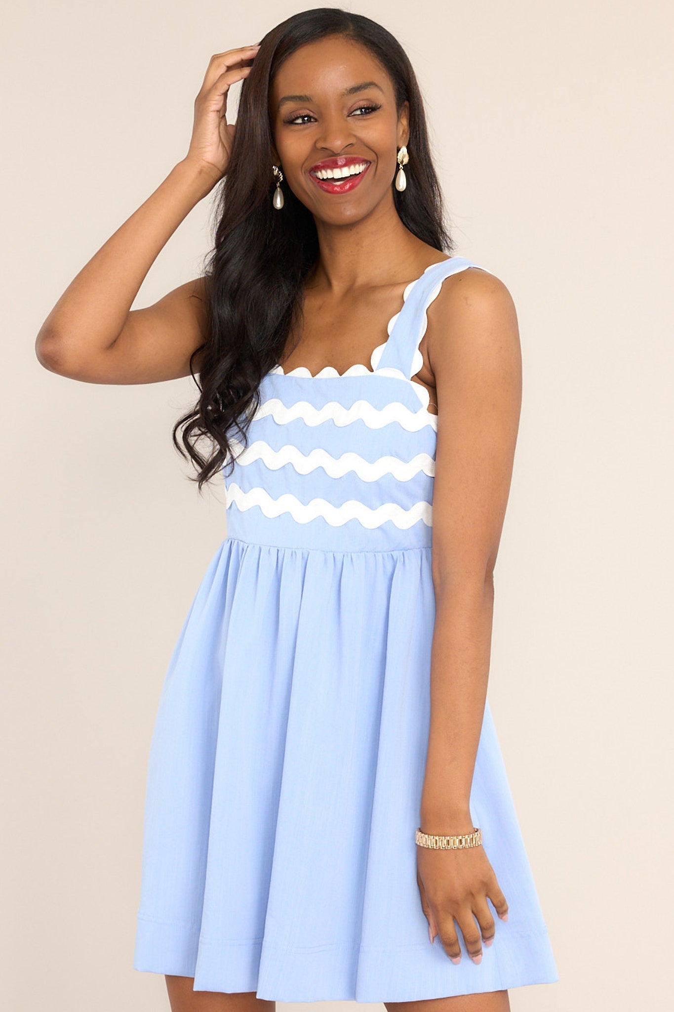 Birds Singing Light Blue Scalloped Mini Dress - Red Dress