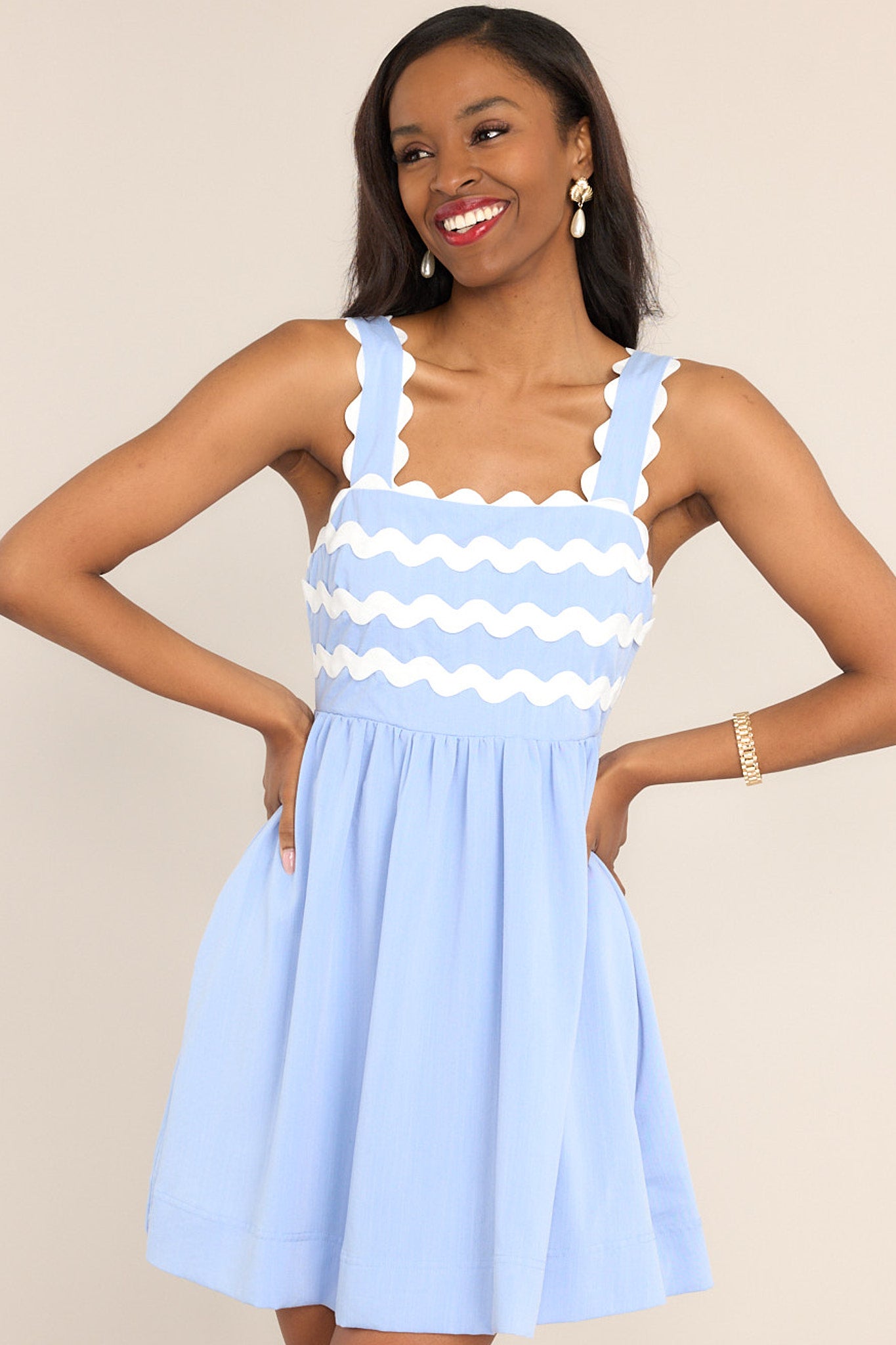 Birds Singing Light Blue Scalloped Mini Dress - Red Dress