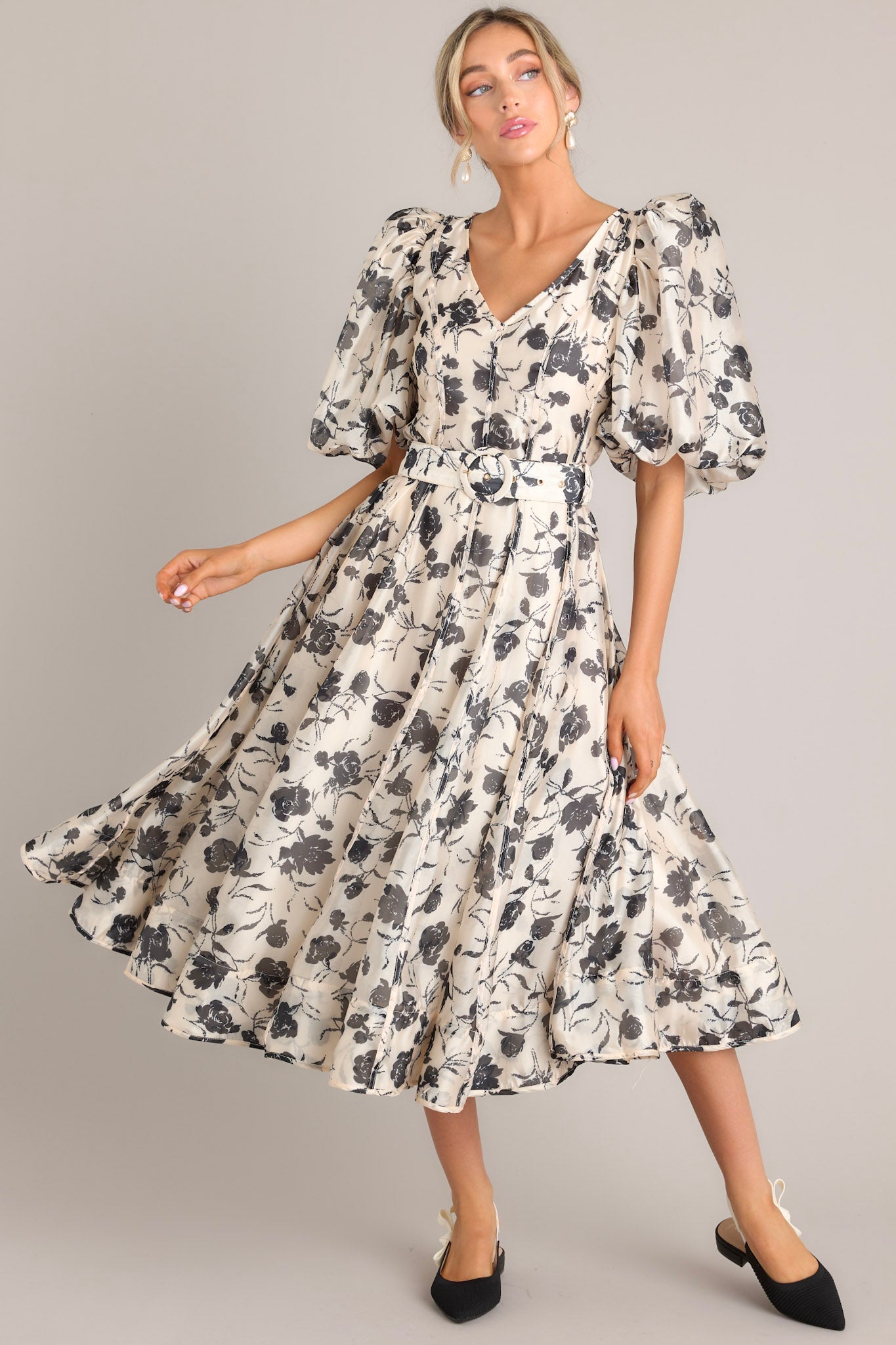 Blossoming Resilience Ivory & Black Floral Belted Midi Dress - Red Dress