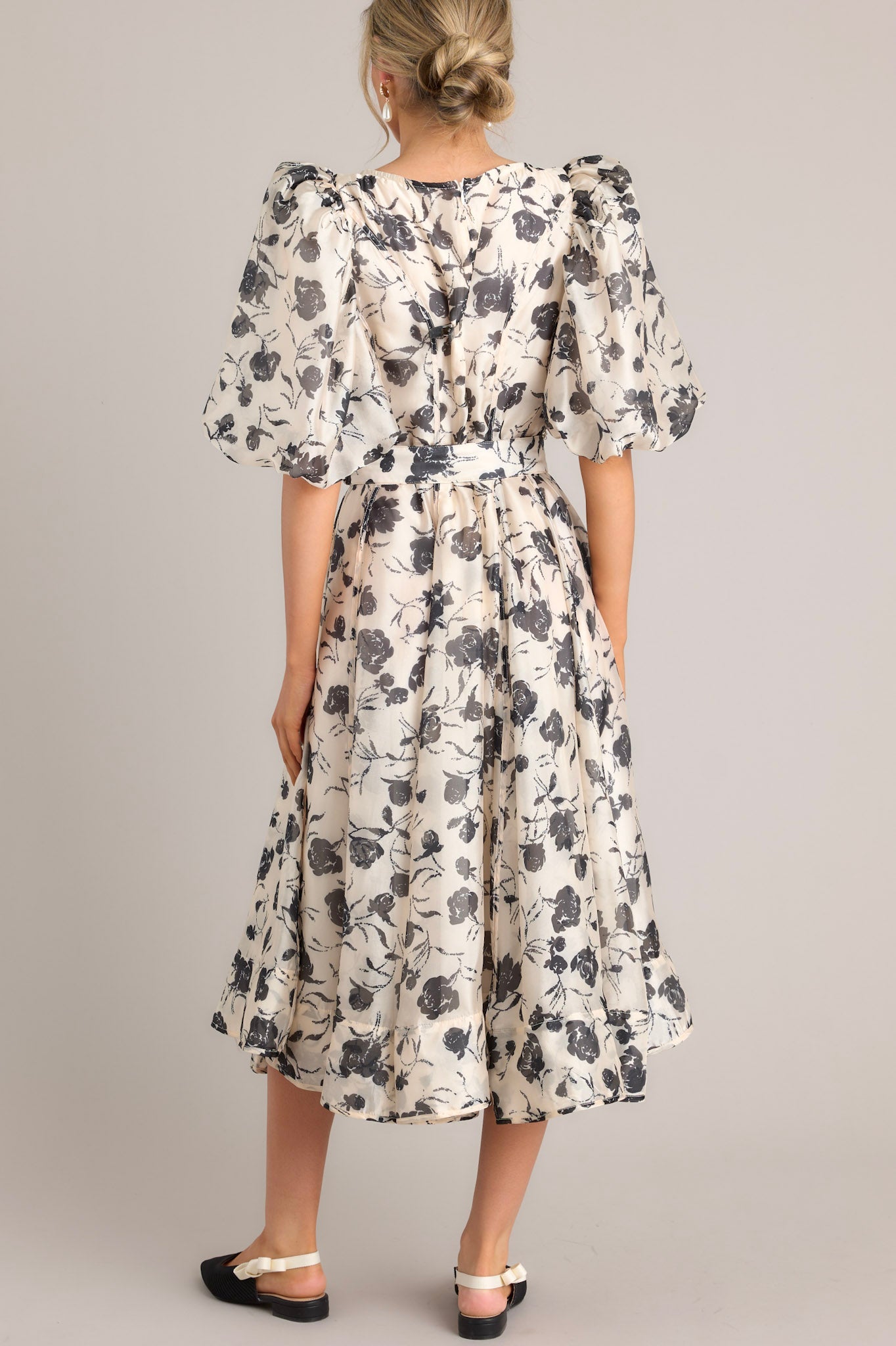 Blossoming Resilience Ivory & Black Floral Belted Midi Dress - Red Dress