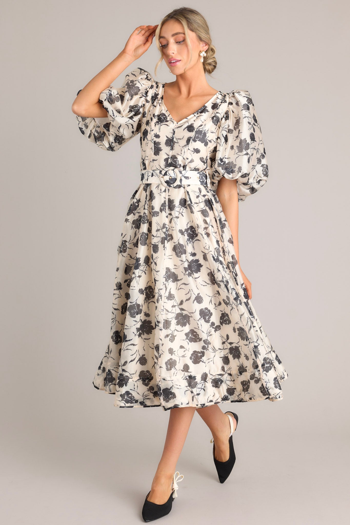 Blossoming Resilience Ivory & Black Floral Belted Midi Dress - Red Dress