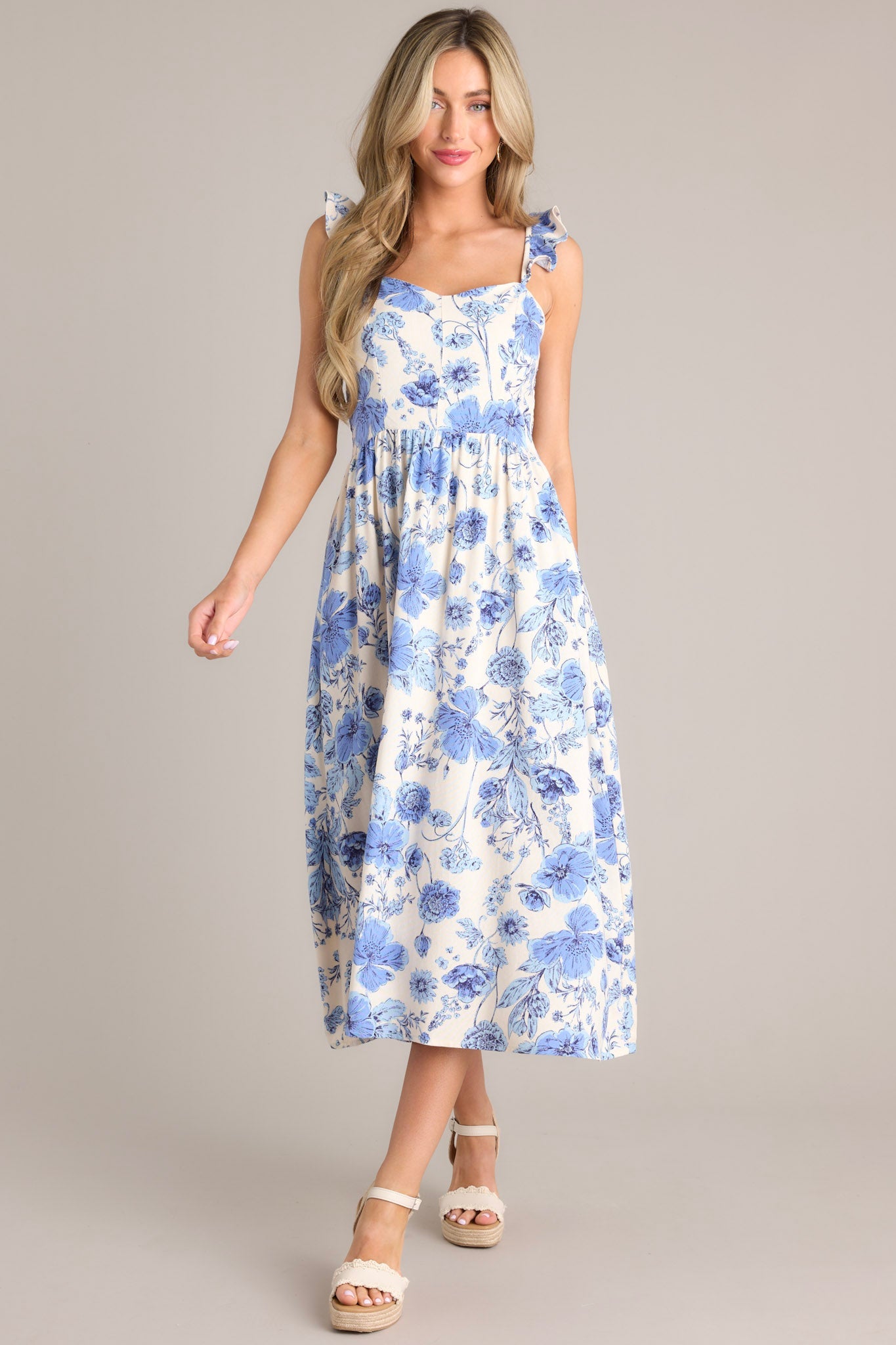 Ivory & Blue Floral Midi Dress - All Dresses | Red Dress