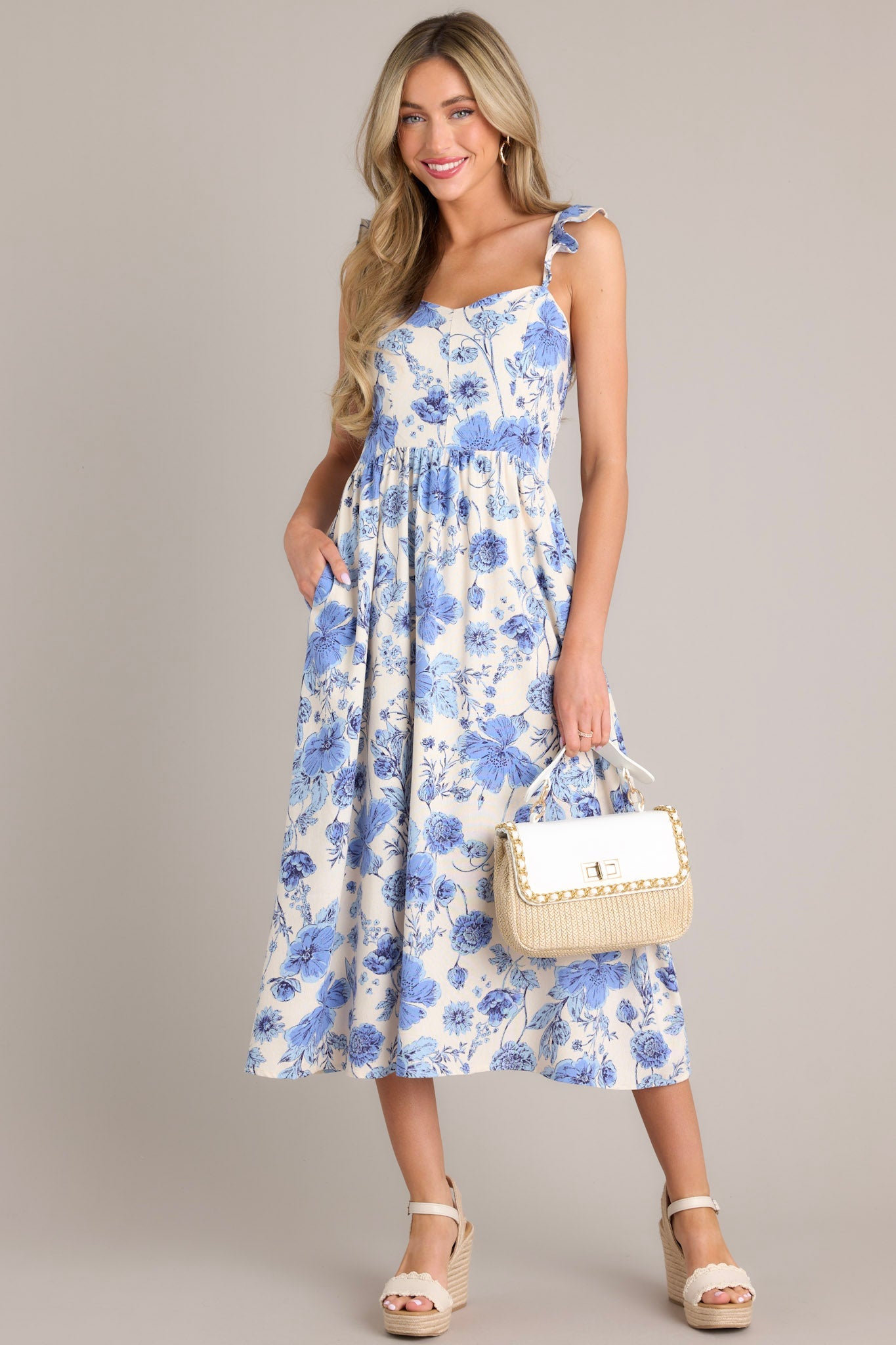 Ivory & Blue Floral Midi Dress - All Dresses | Red Dress