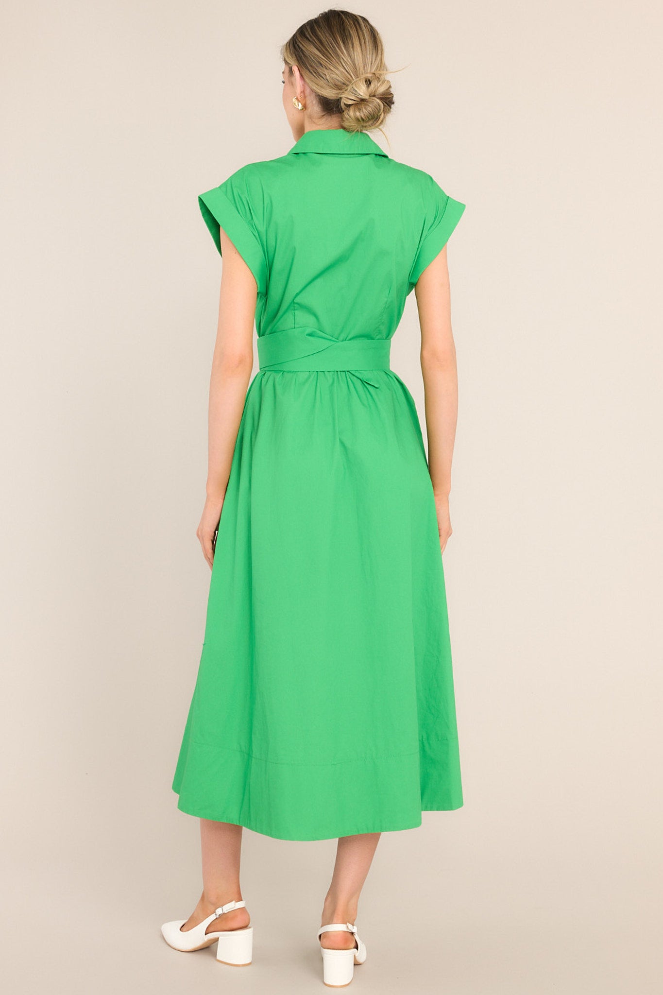 Kelly Green Belted Button Front Midi Dress - All Dresses