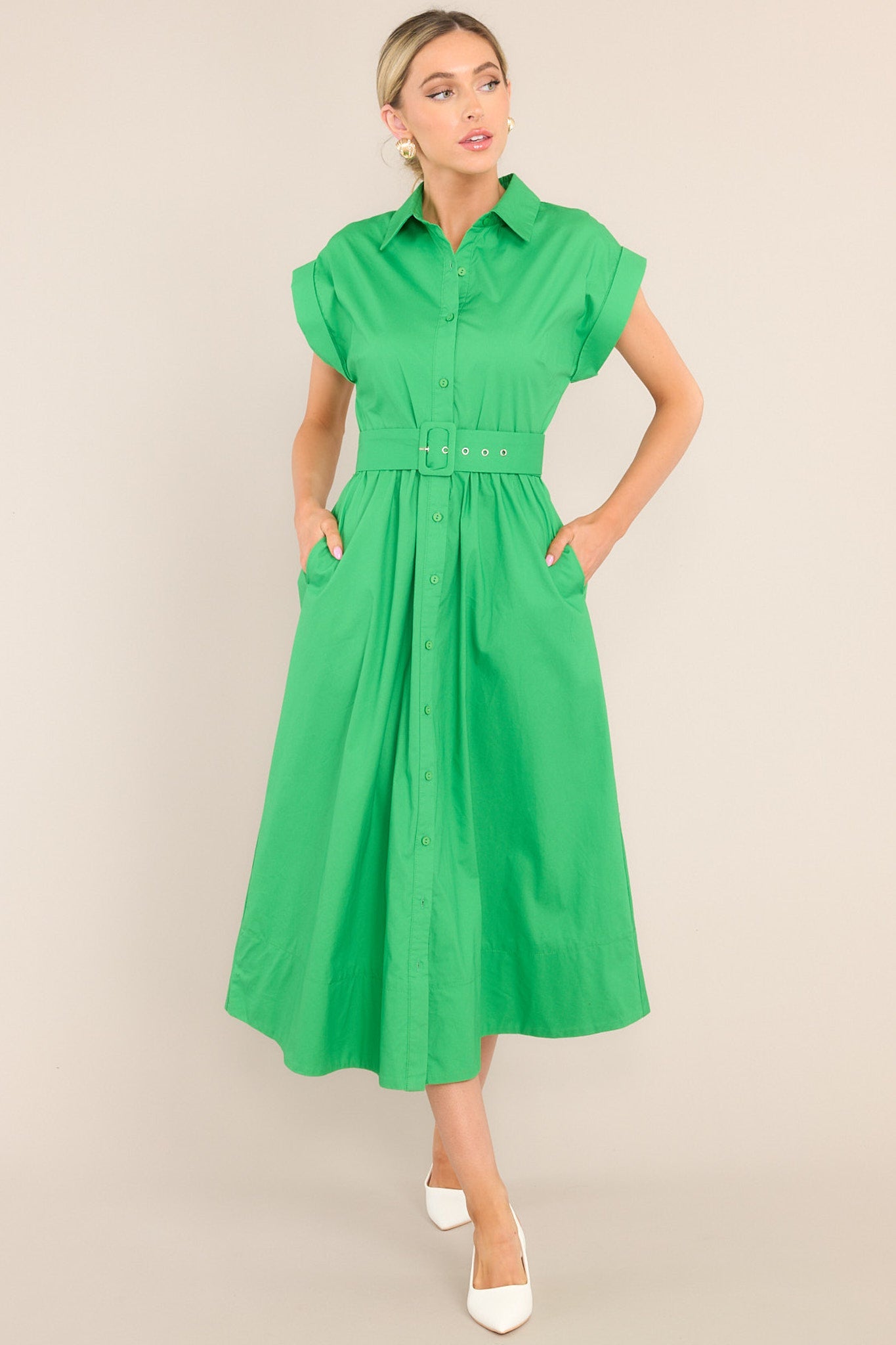 Bring On Spring Kelly Green Belted Button Front Midi Dress - Red Dress