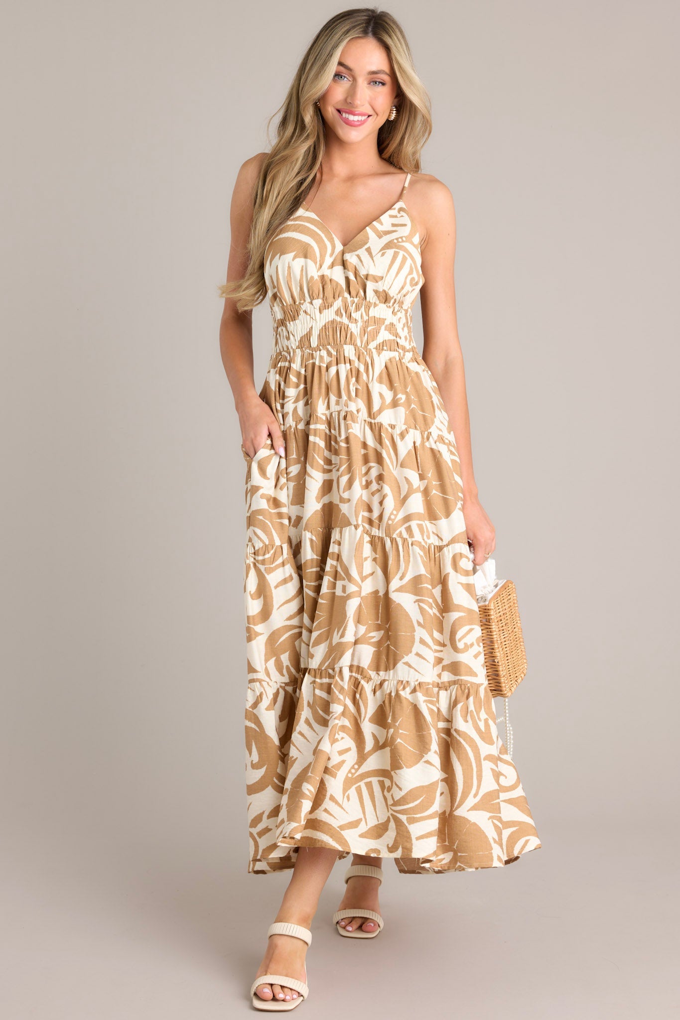 Caribbean Dream Tan Tropical Print Maxi Dress - Red Dress