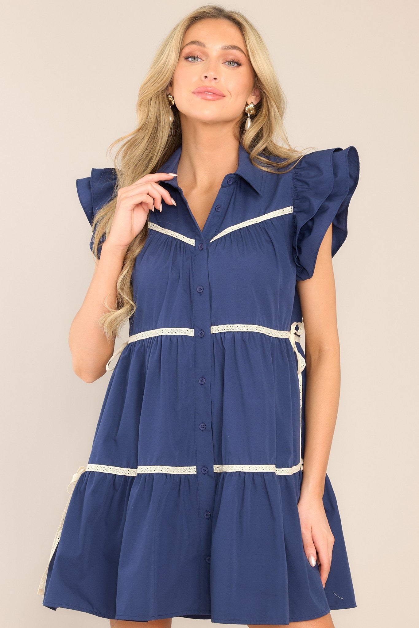 Celebrate Life Navy Tiered Button Front Mini Dress - Red Dress