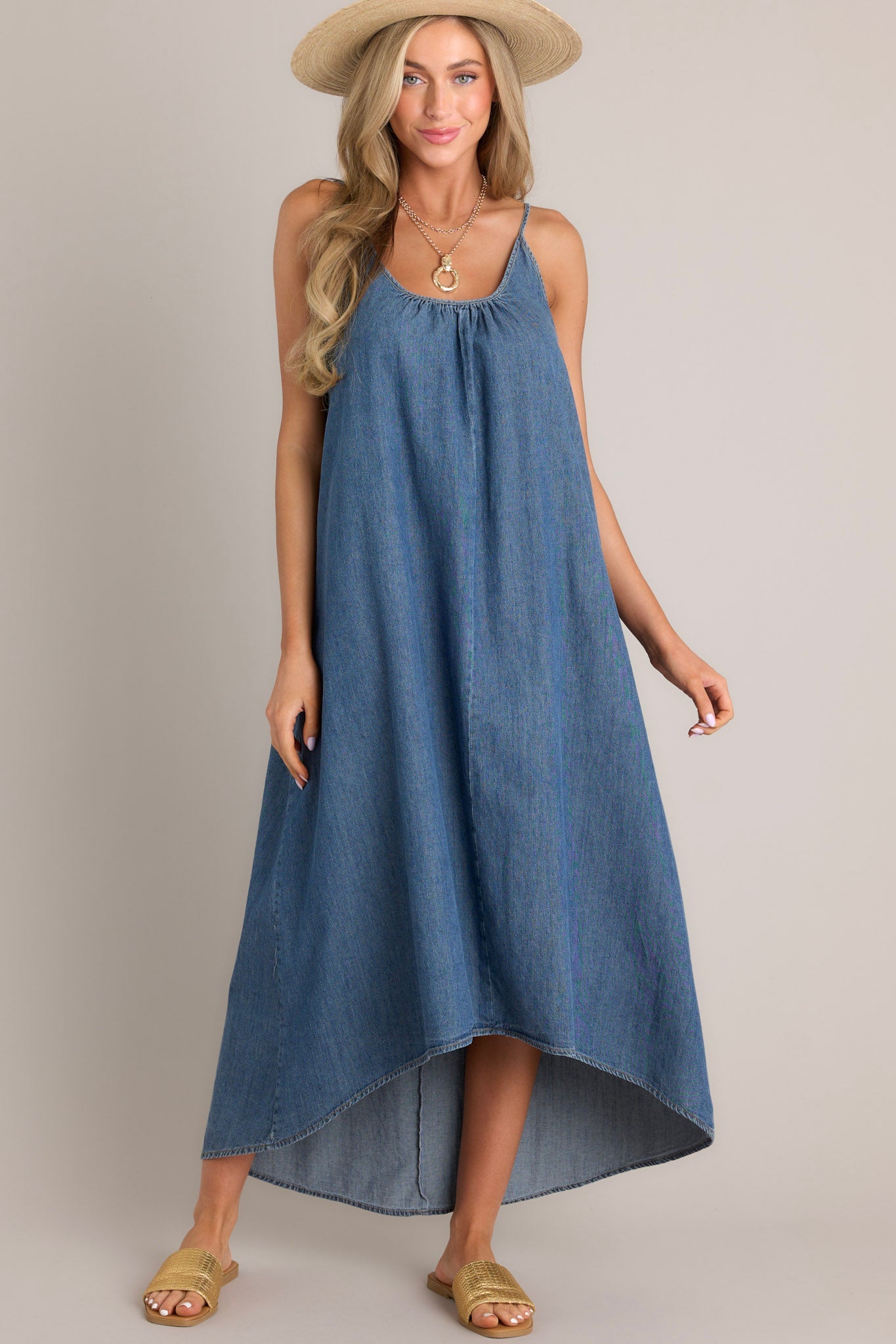 Celestial Swing Denim Asymmetrical High Low Dress - Red Dress