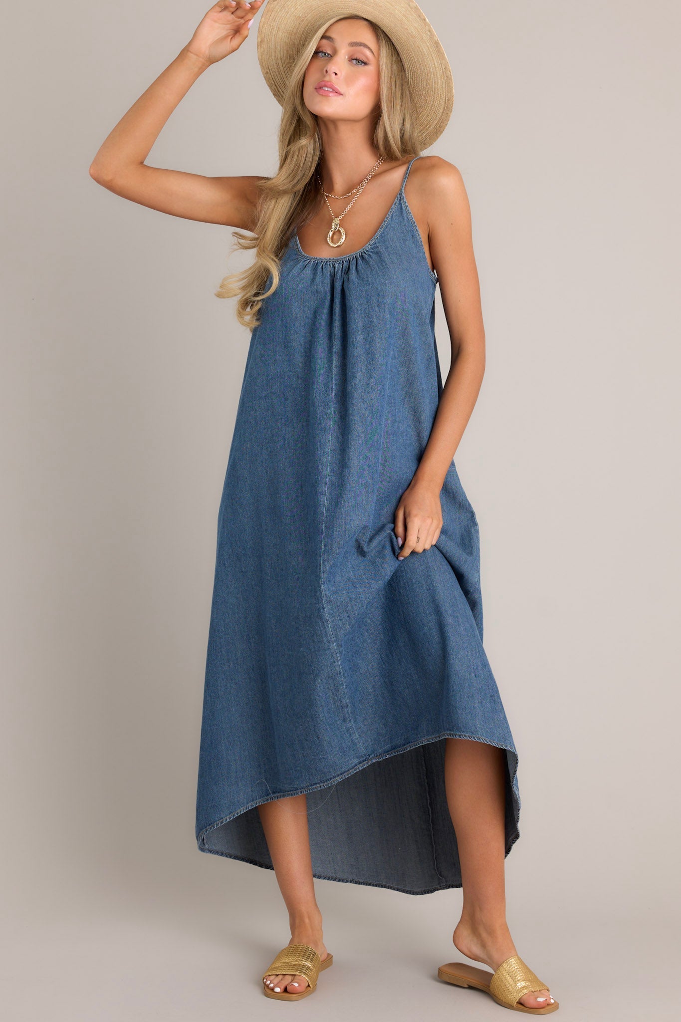 Celestial Swing Denim Asymmetrical High Low Dress - Red Dress