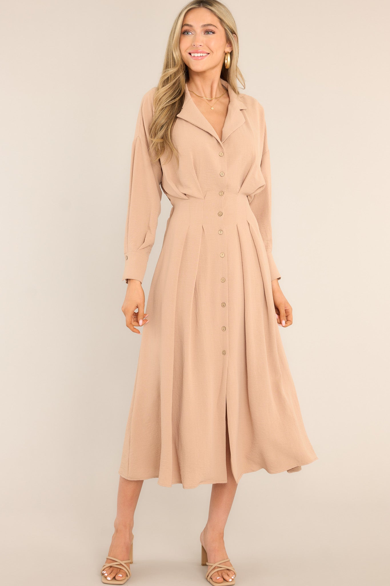 Cherish Now Beige Button Front Midi Dress - Red Dress