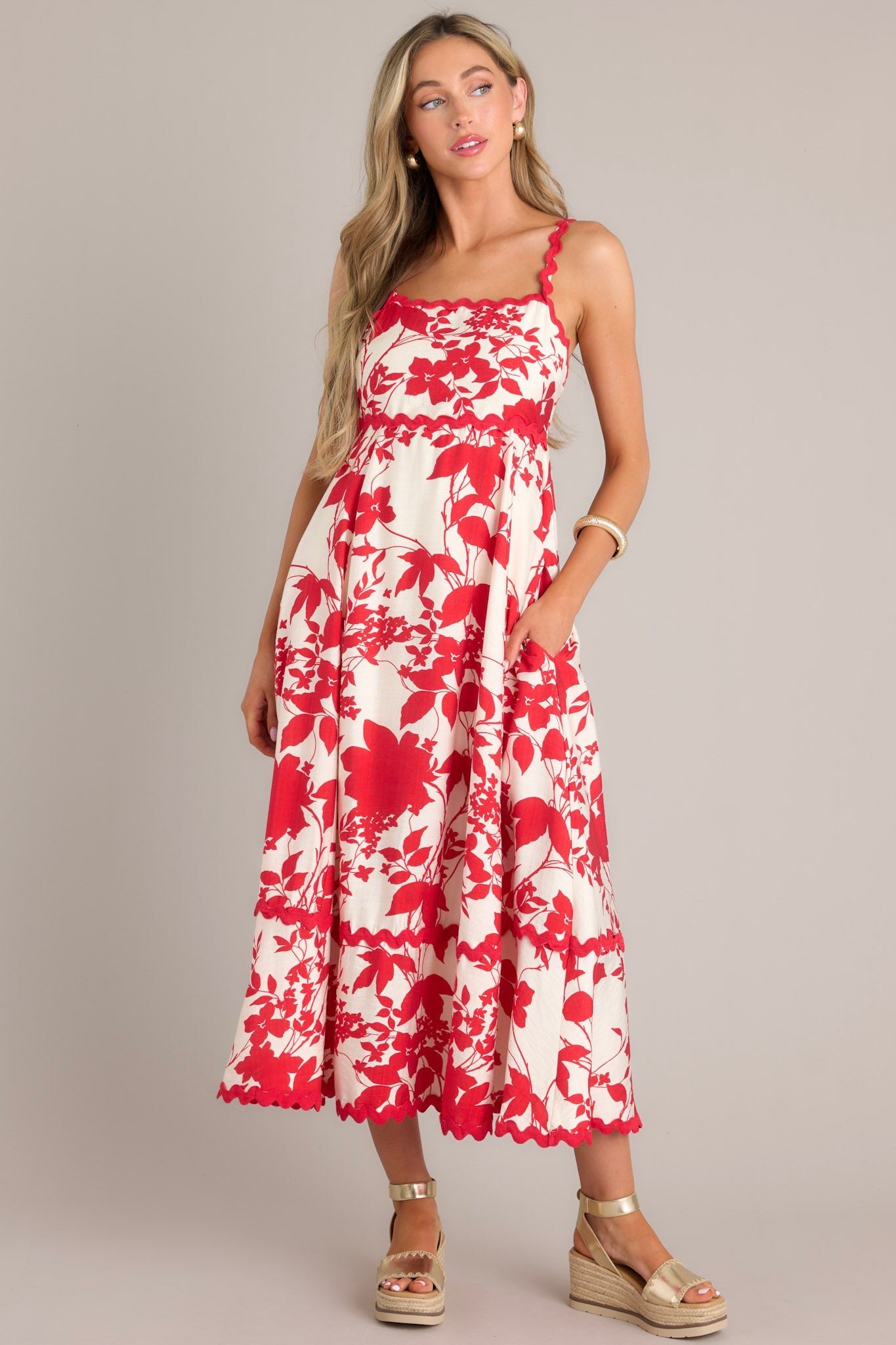 Cherry Blossom Bliss Red Floral Midi Dress (BACKORDER MAY) - Red Dress