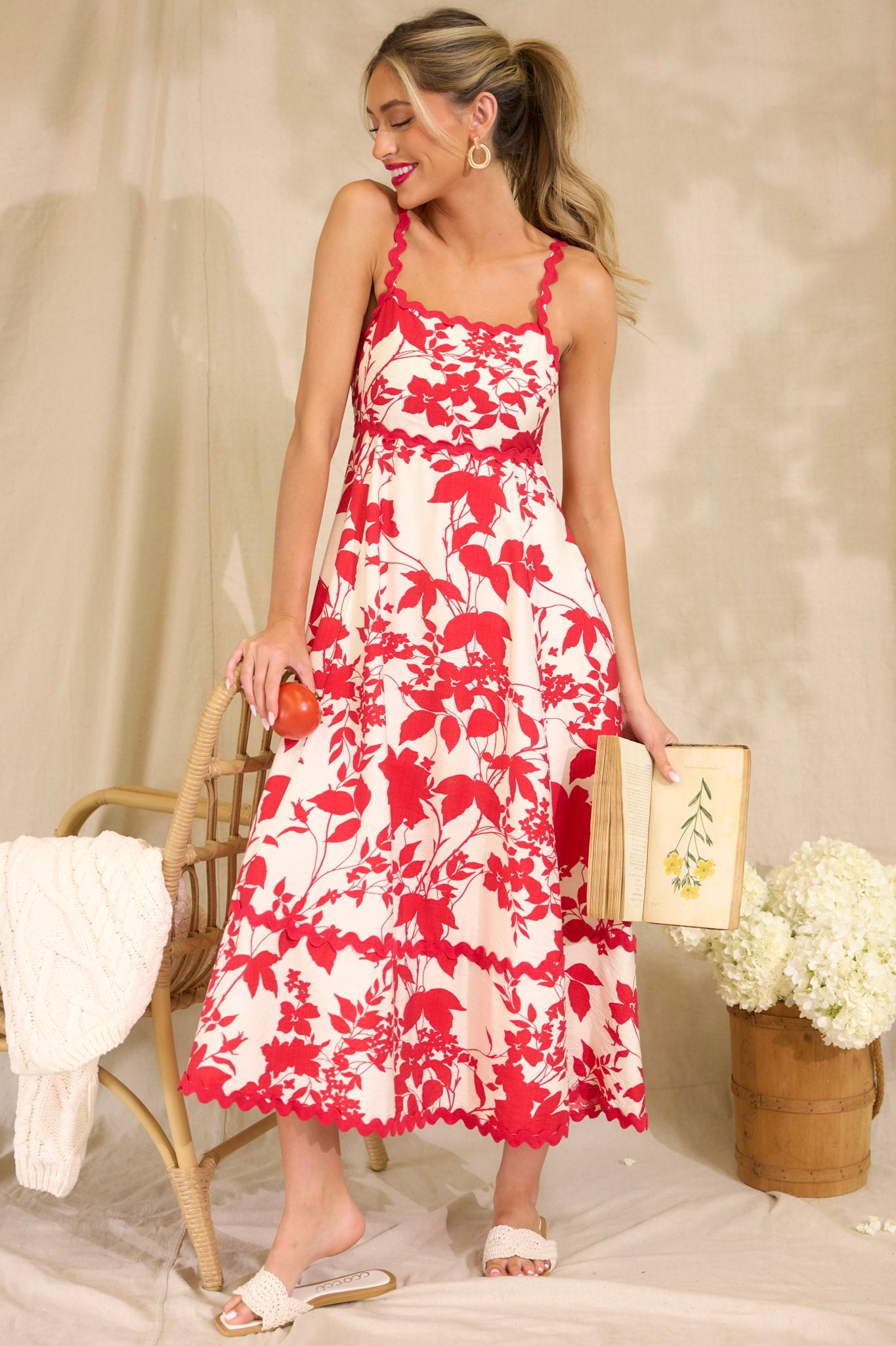 Cherry Blossom Bliss Red Floral Midi Dress (BACKORDER MAY) - Red Dress