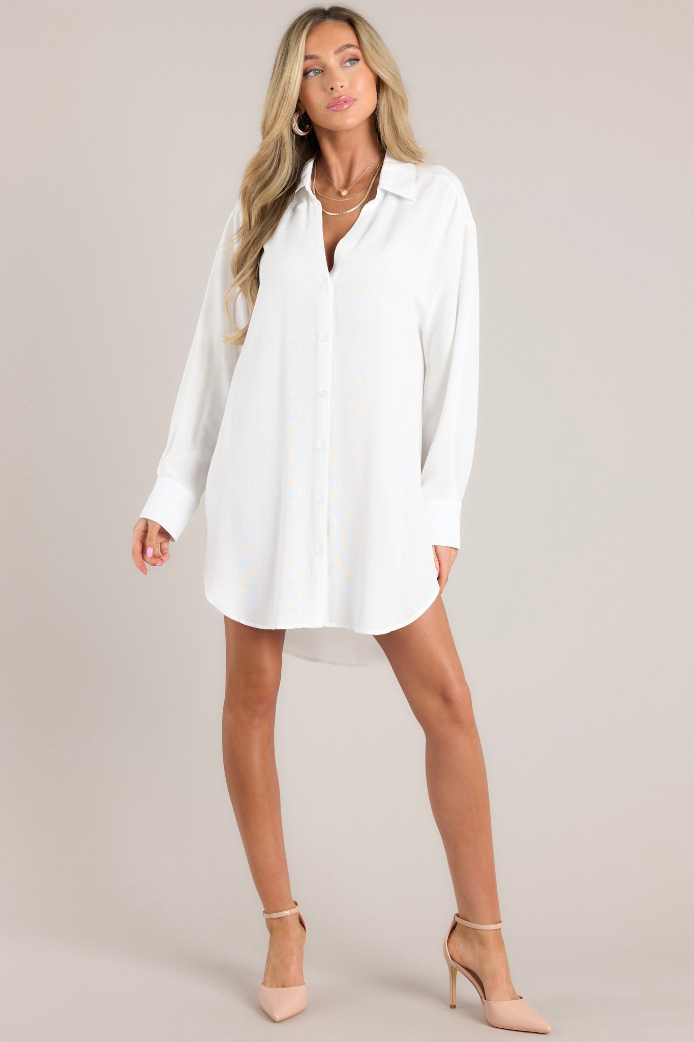 Chic Alternative White Button Front Shirt Dress - Red Dress