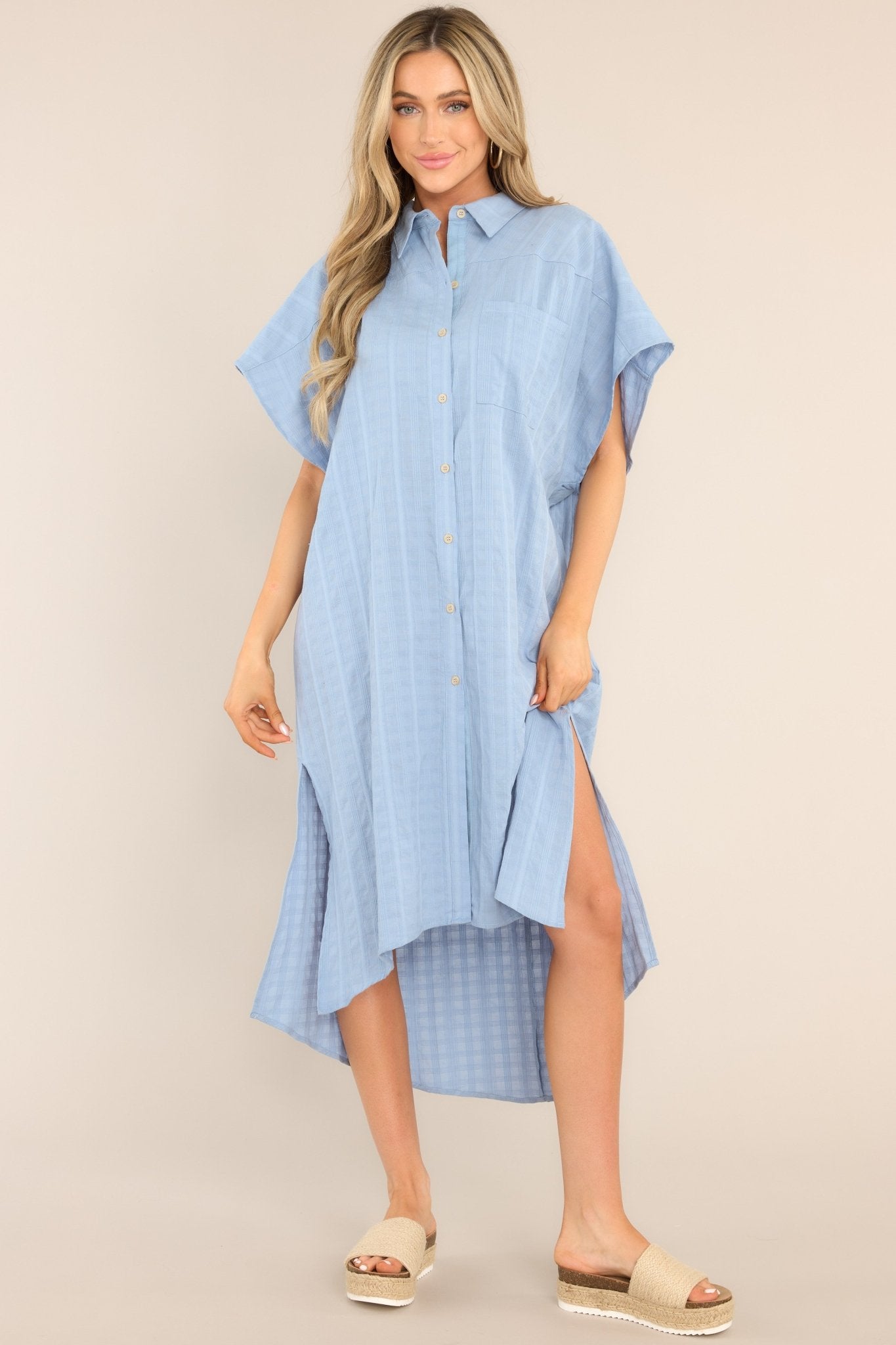 Choose Joy Sky Blue Midi Shirt Dress - Red Dress