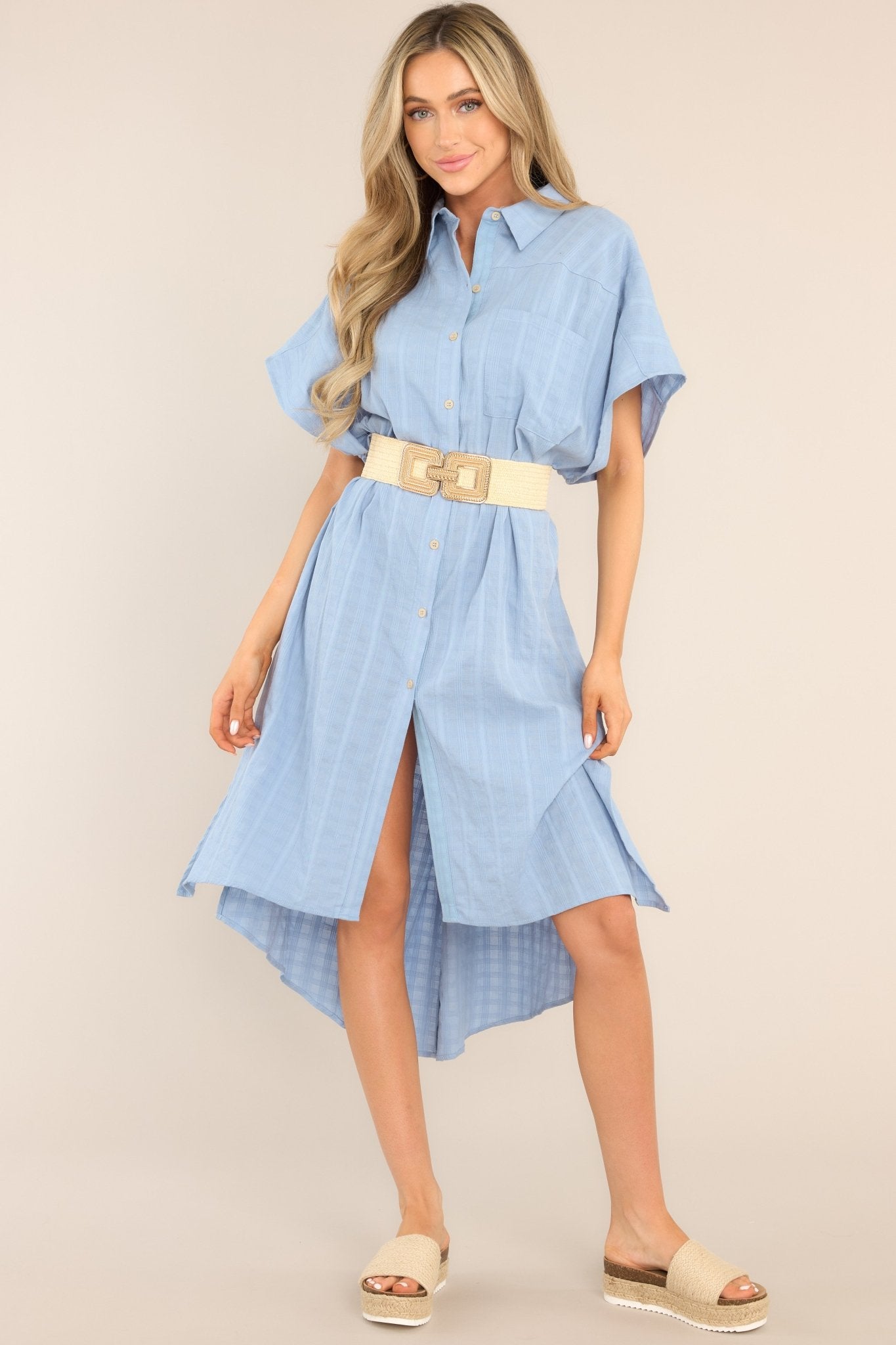 Choose Joy Sky Blue Midi Shirt Dress - Red Dress