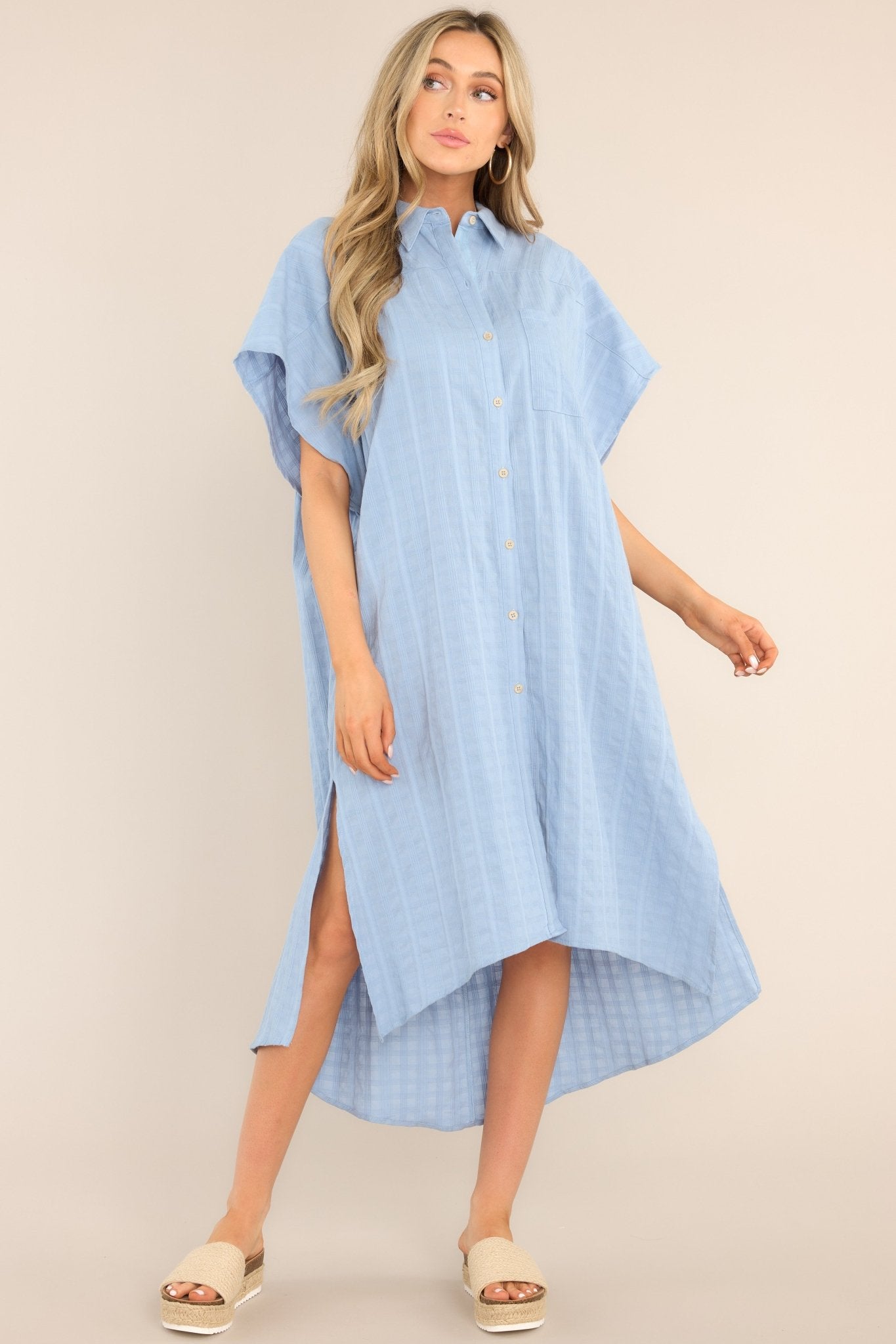 Choose Joy Sky Blue Midi Shirt Dress - Red Dress