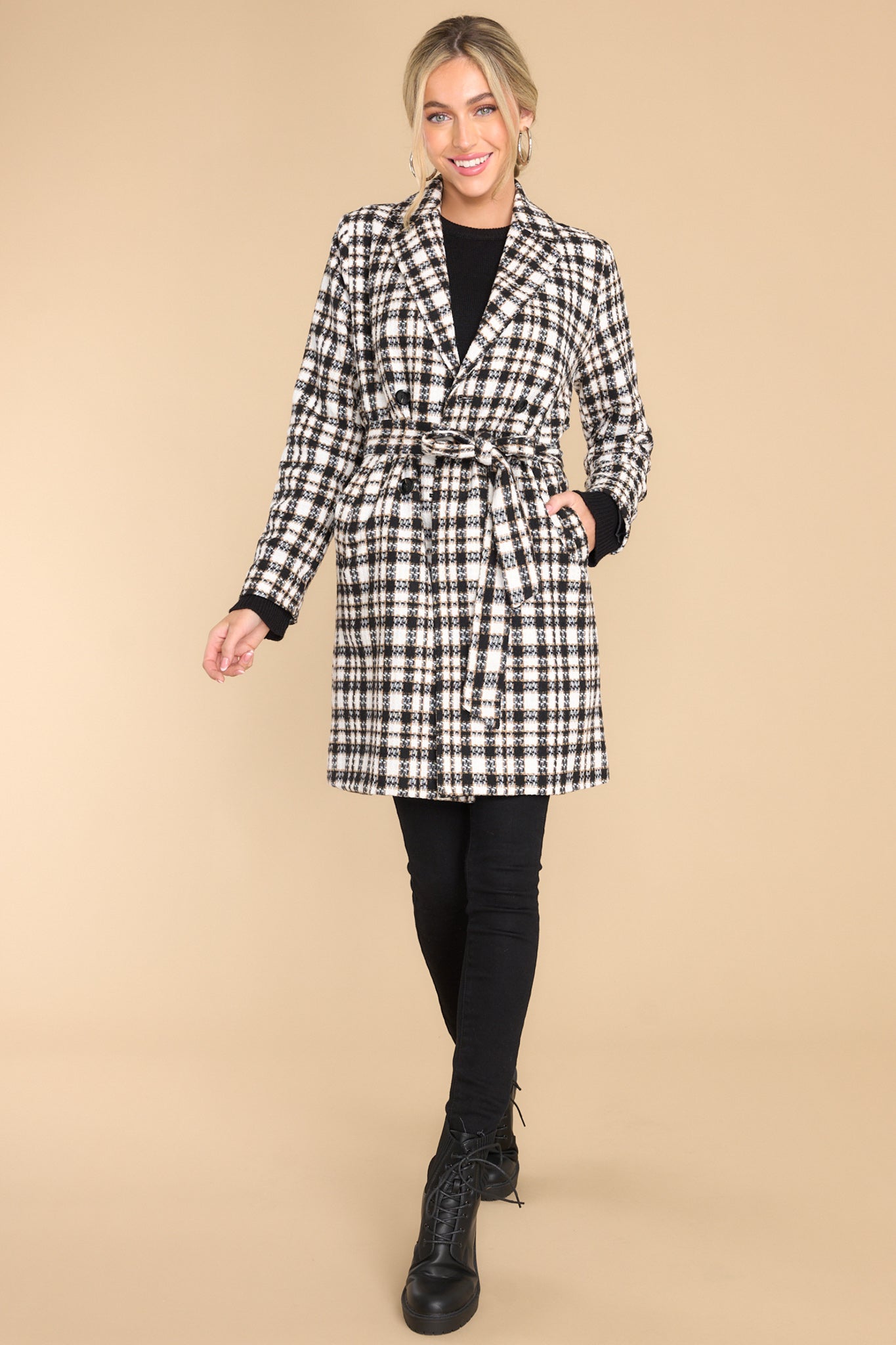 Classically Chic Black And White Plaid Coat - Red Dress