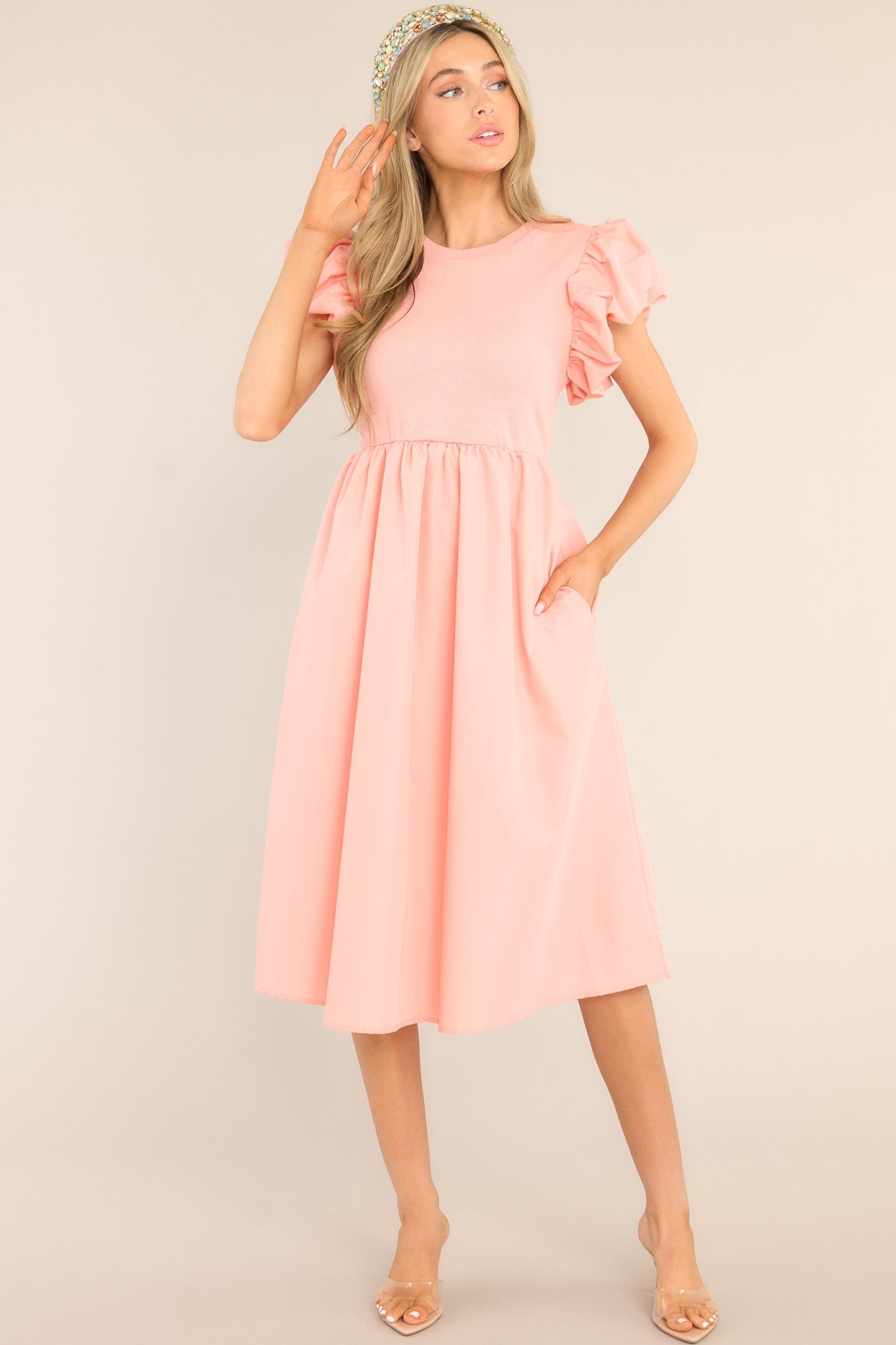 Closet Cornerstone Salmon Pink Midi Dress - Red Dress