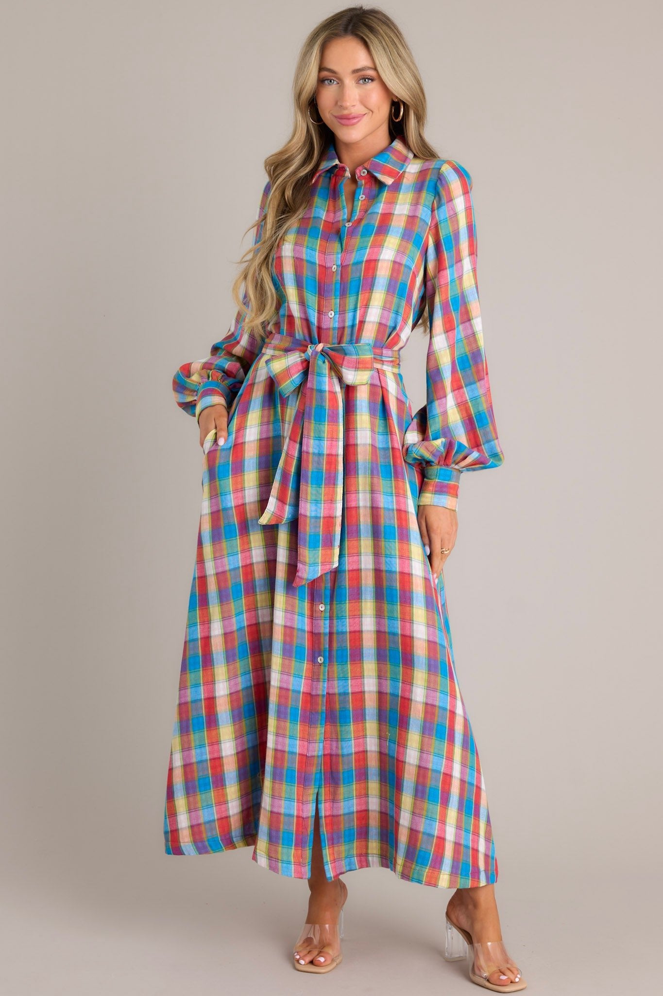 Closing That Door Blue Multi Plaid Maxi Dress - Red Dress