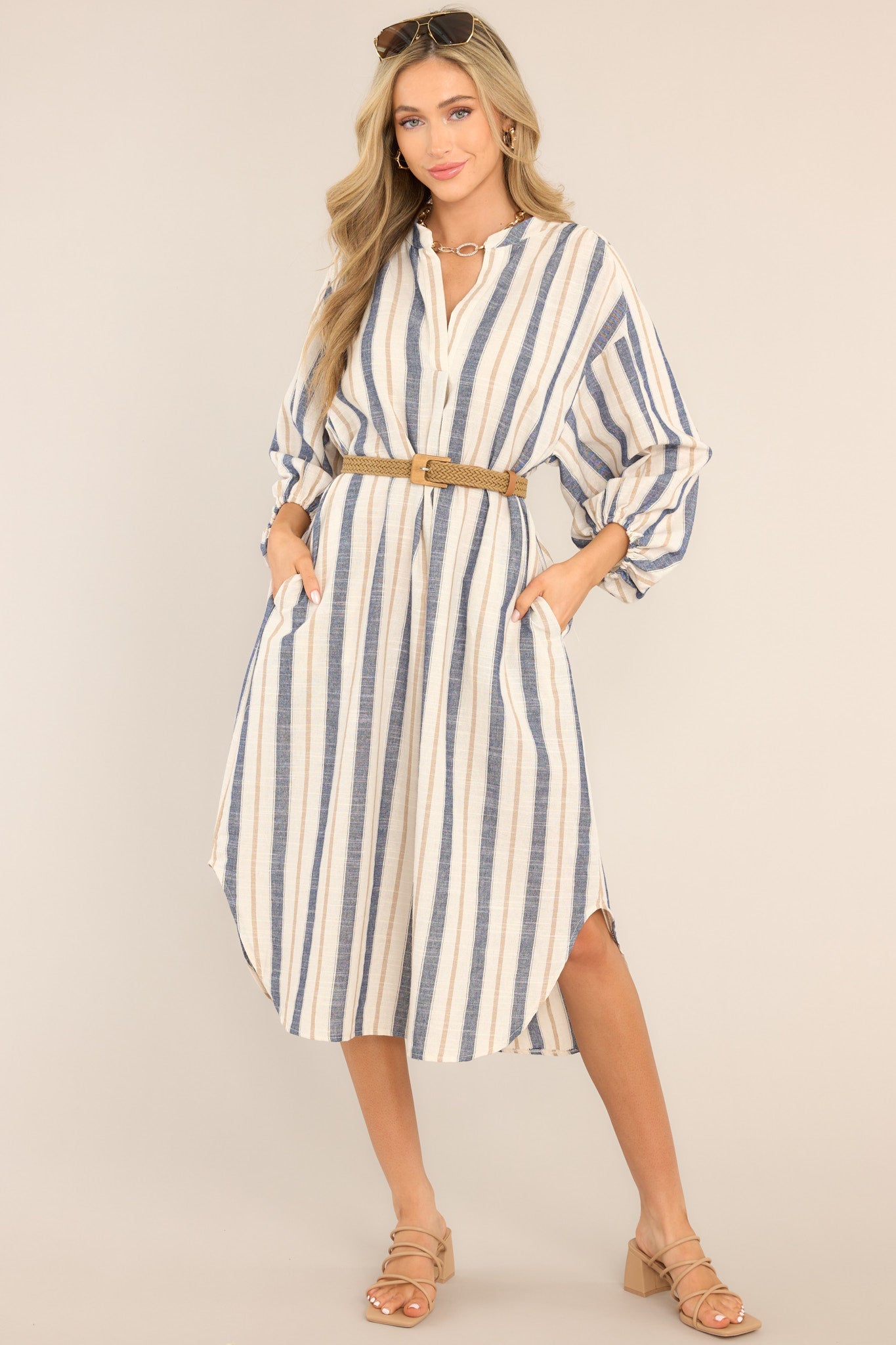 Coastal Charm Dusty Blue Stripe Midi Dress - Red Dress