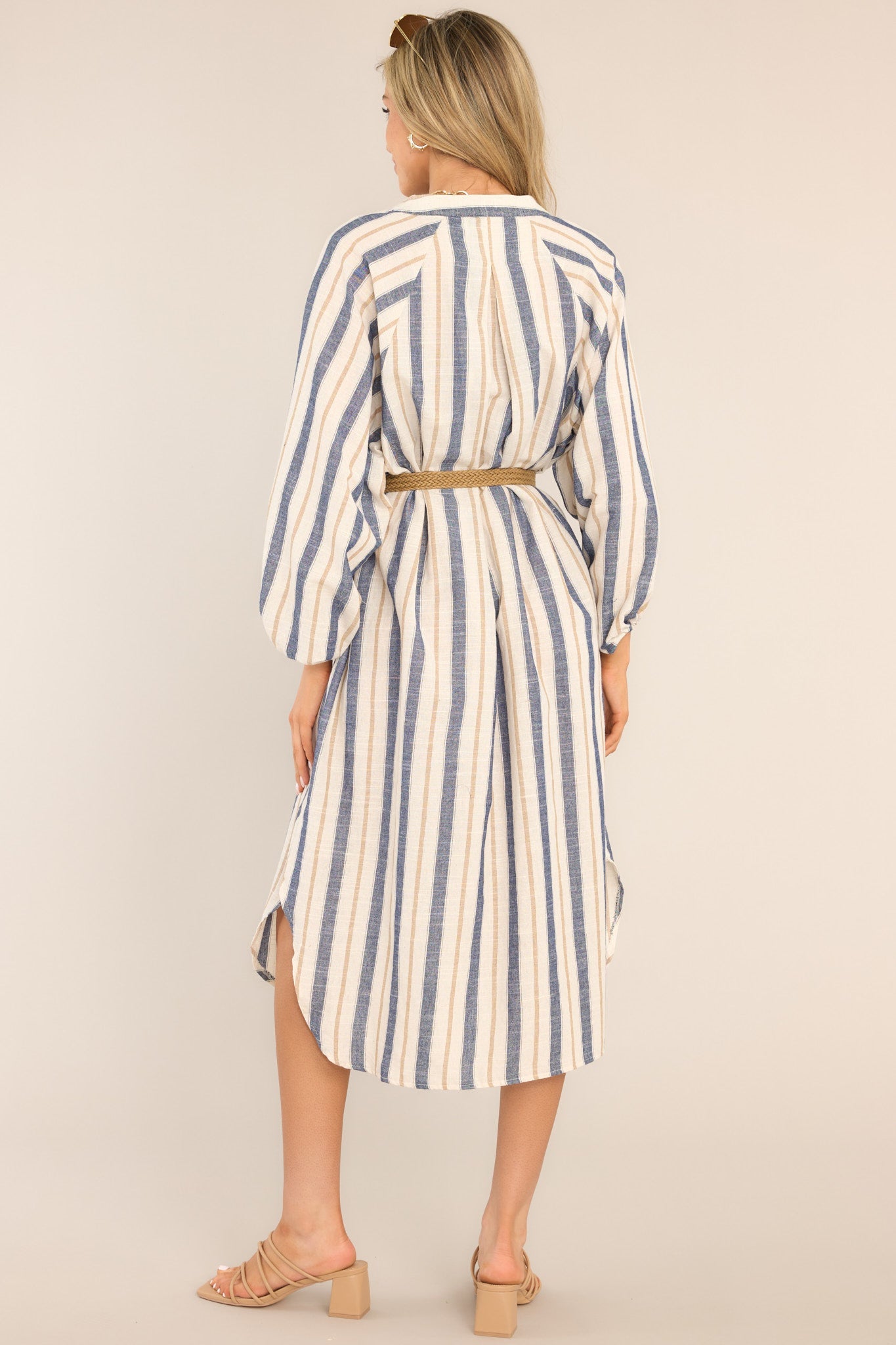 Coastal Charm Dusty Blue Stripe Midi Dress - Red Dress