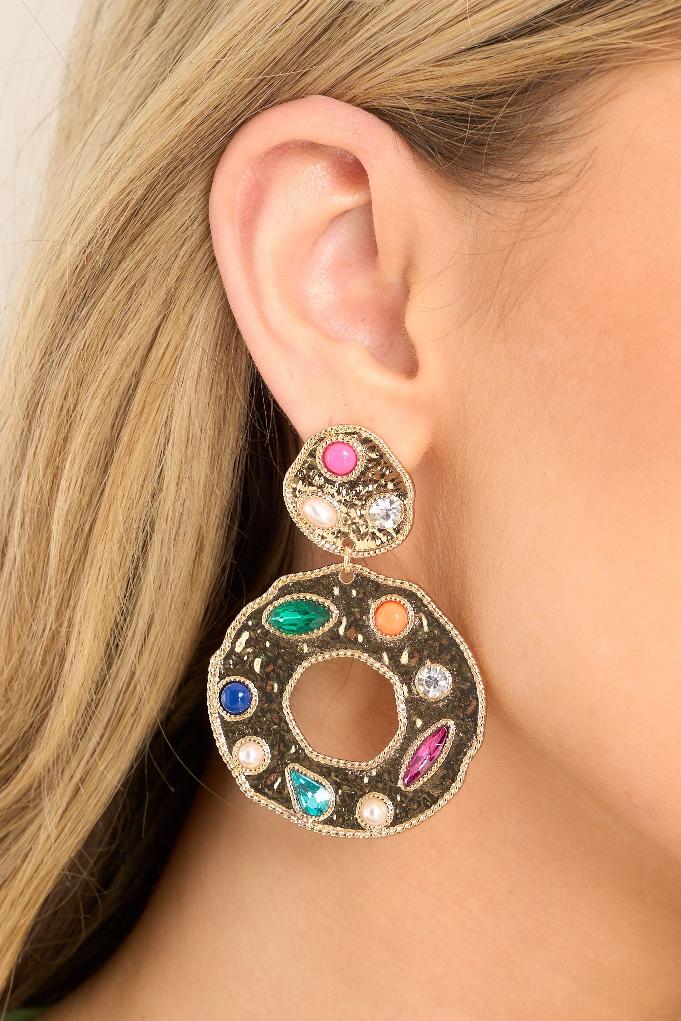 Colorful Dynamic Gold & Multicolor Rhinestone Earrings - Red Dress