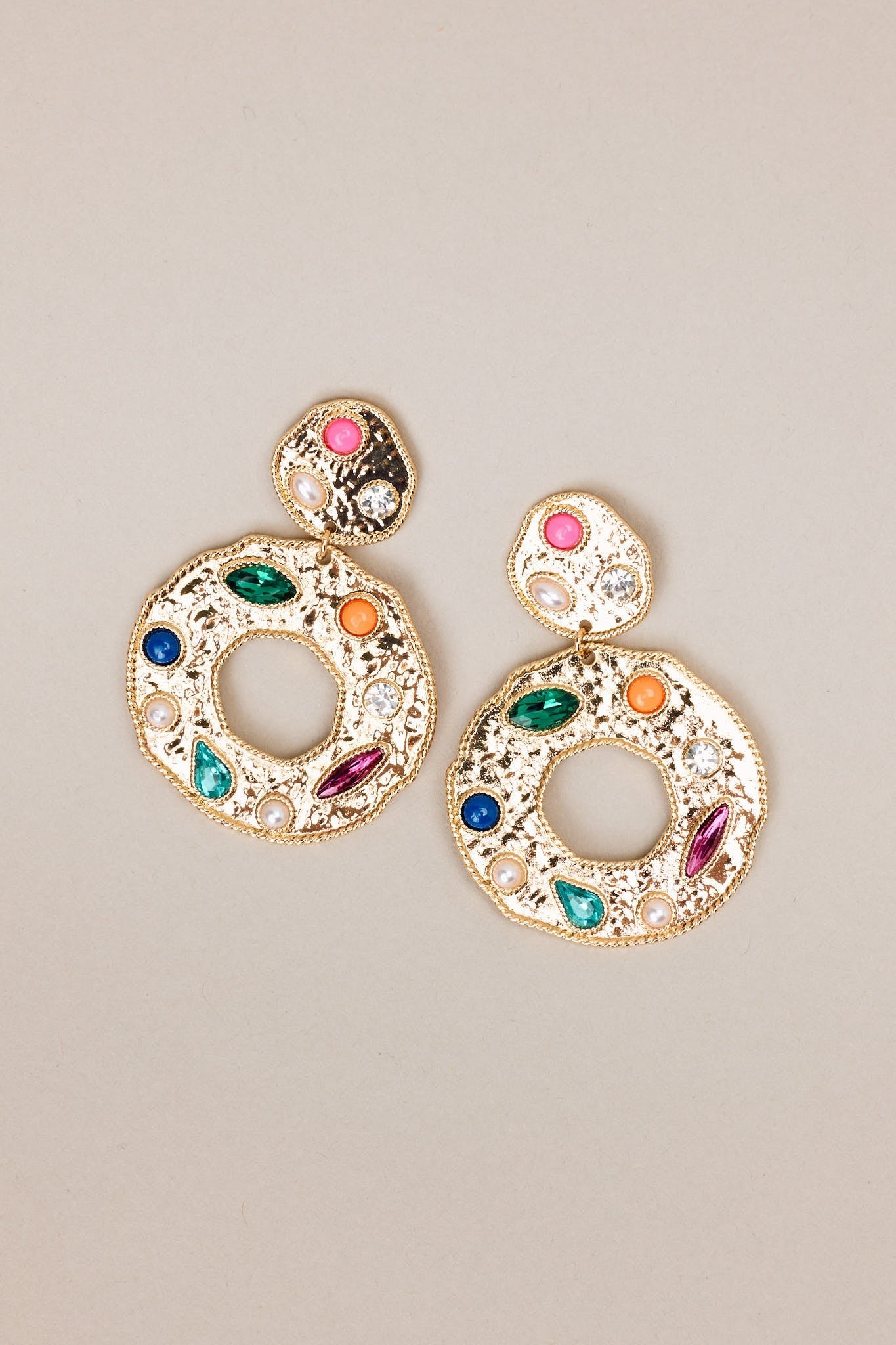 Colorful Dynamic Gold & Multicolor Rhinestone Earrings - Red Dress